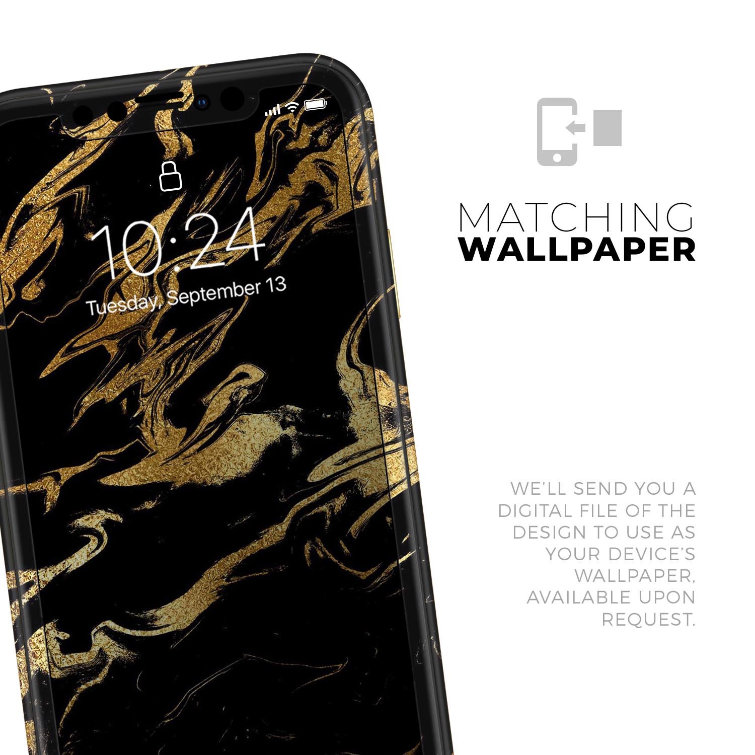 Black and gold marble swirl skin for iPhone XR and XS, showcasing a stylish design that enhances device appearance.