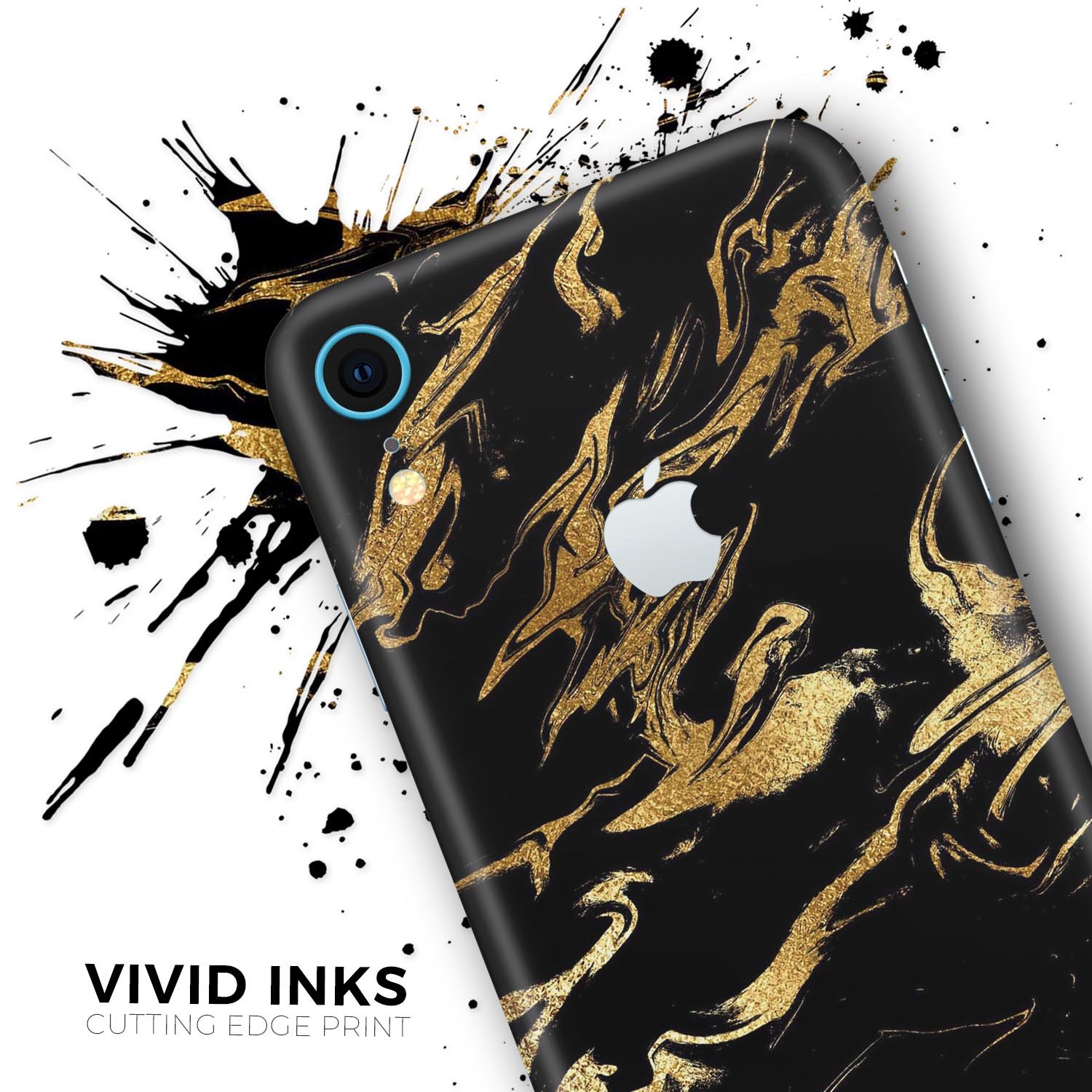 Black and gold marble swirl skin for iPhone XR and XS, showcasing a stylish design that enhances device appearance.