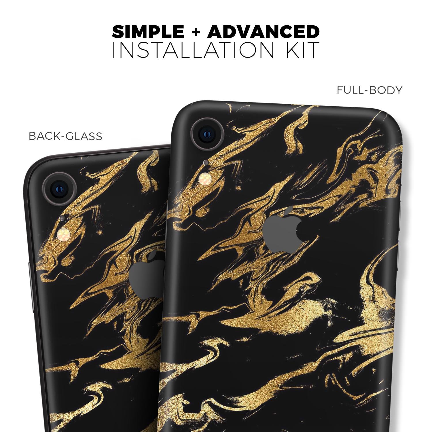 Black and gold marble swirl skin for iPhone XR and XS, showcasing a stylish design that enhances device appearance.