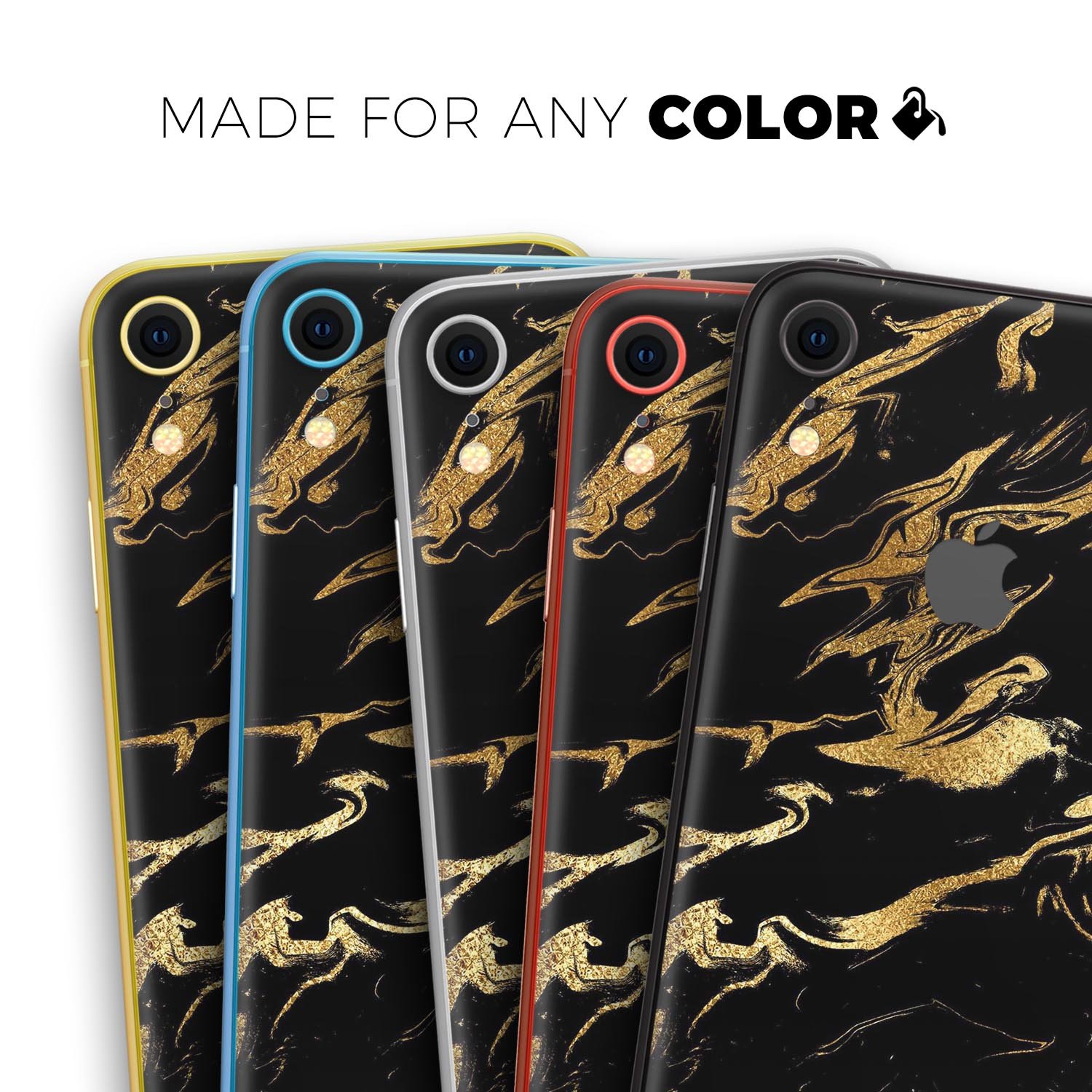 Black and gold marble swirl skin for iPhone XR and XS, showcasing a stylish design that enhances device appearance.