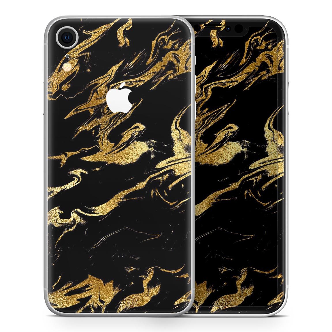 Black and gold marble swirl skin for iPhone XR and XS, showcasing a stylish design that enhances device appearance.