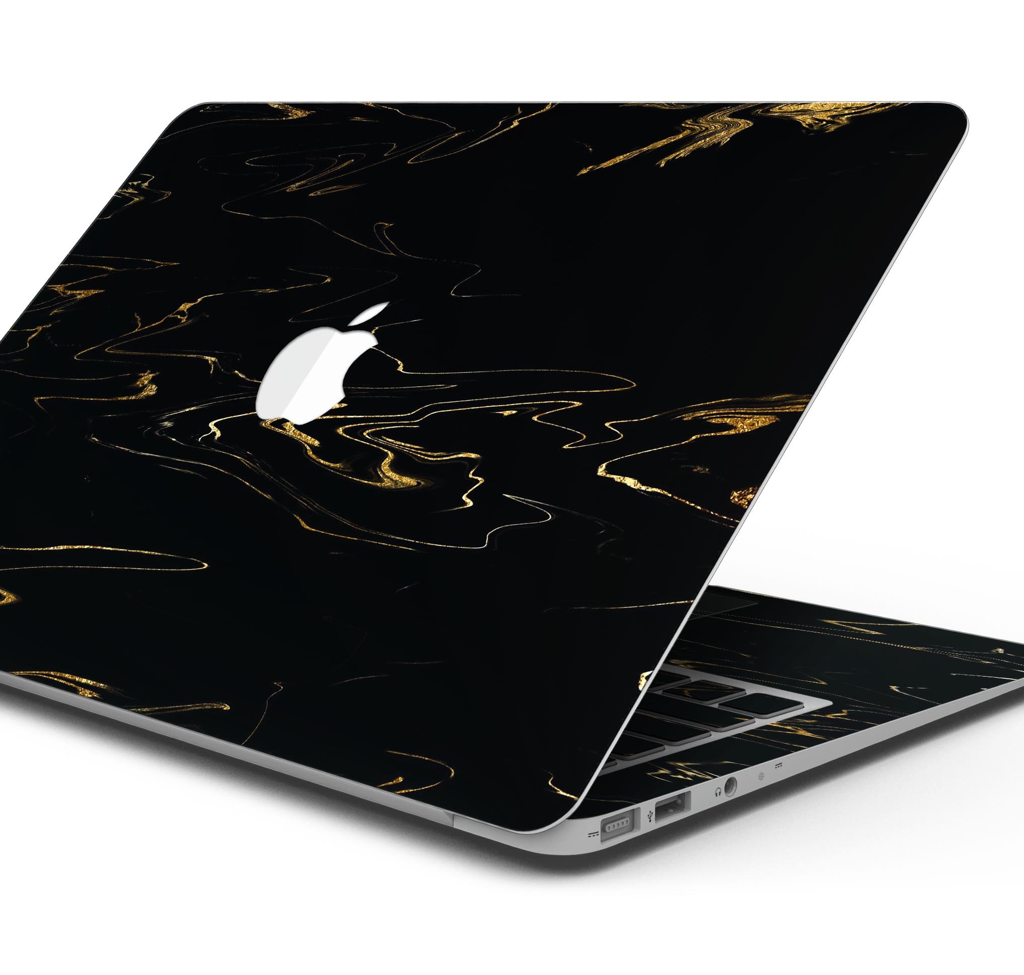 Black & Gold Marble Swirl V10 skin decal wrap kit for MacBook, showcasing a stylish marble design with a premium finish.