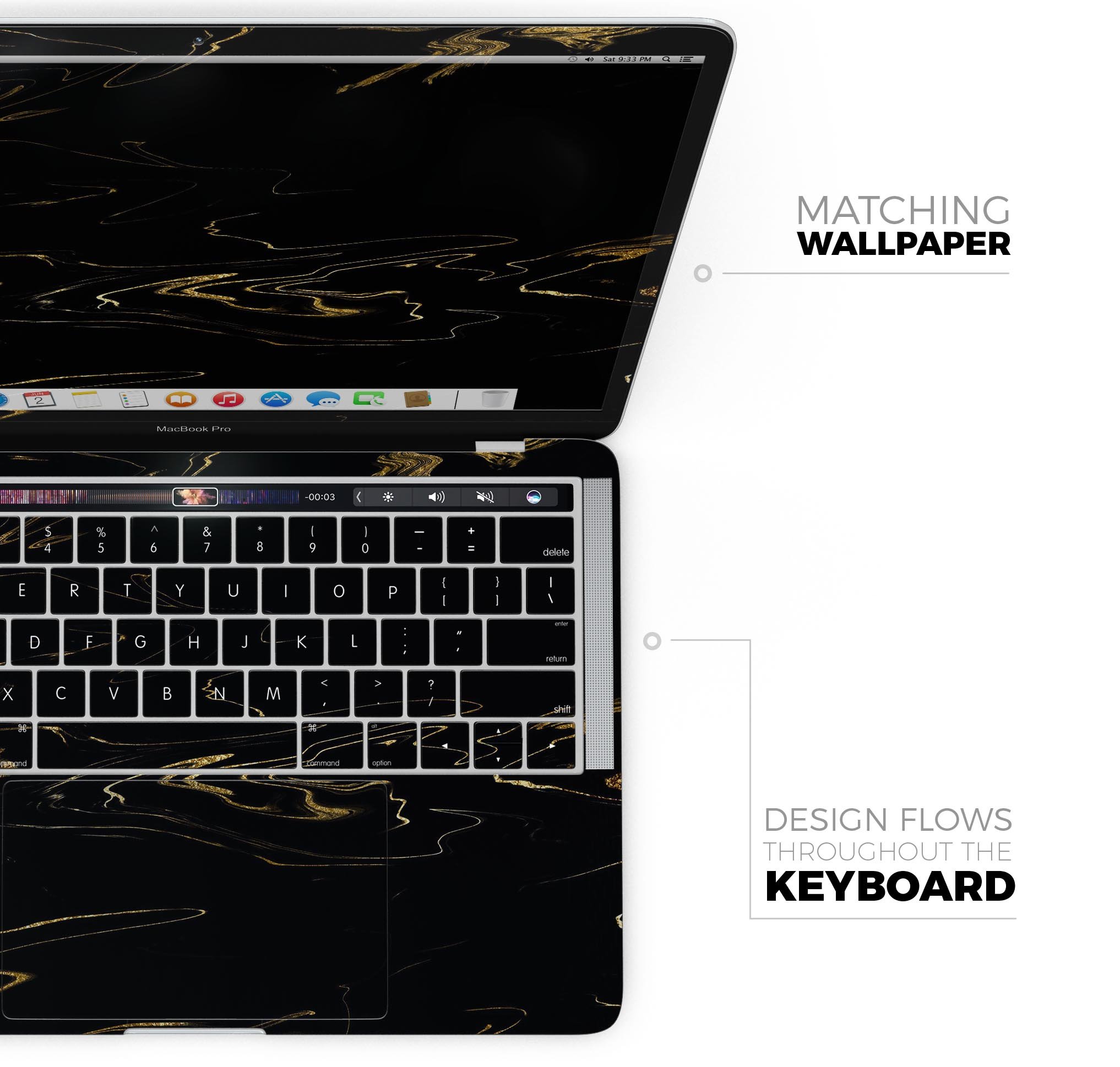 Black & Gold Marble Swirl V10 skin decal wrap kit for MacBook, showcasing a stylish marble design with a premium finish.