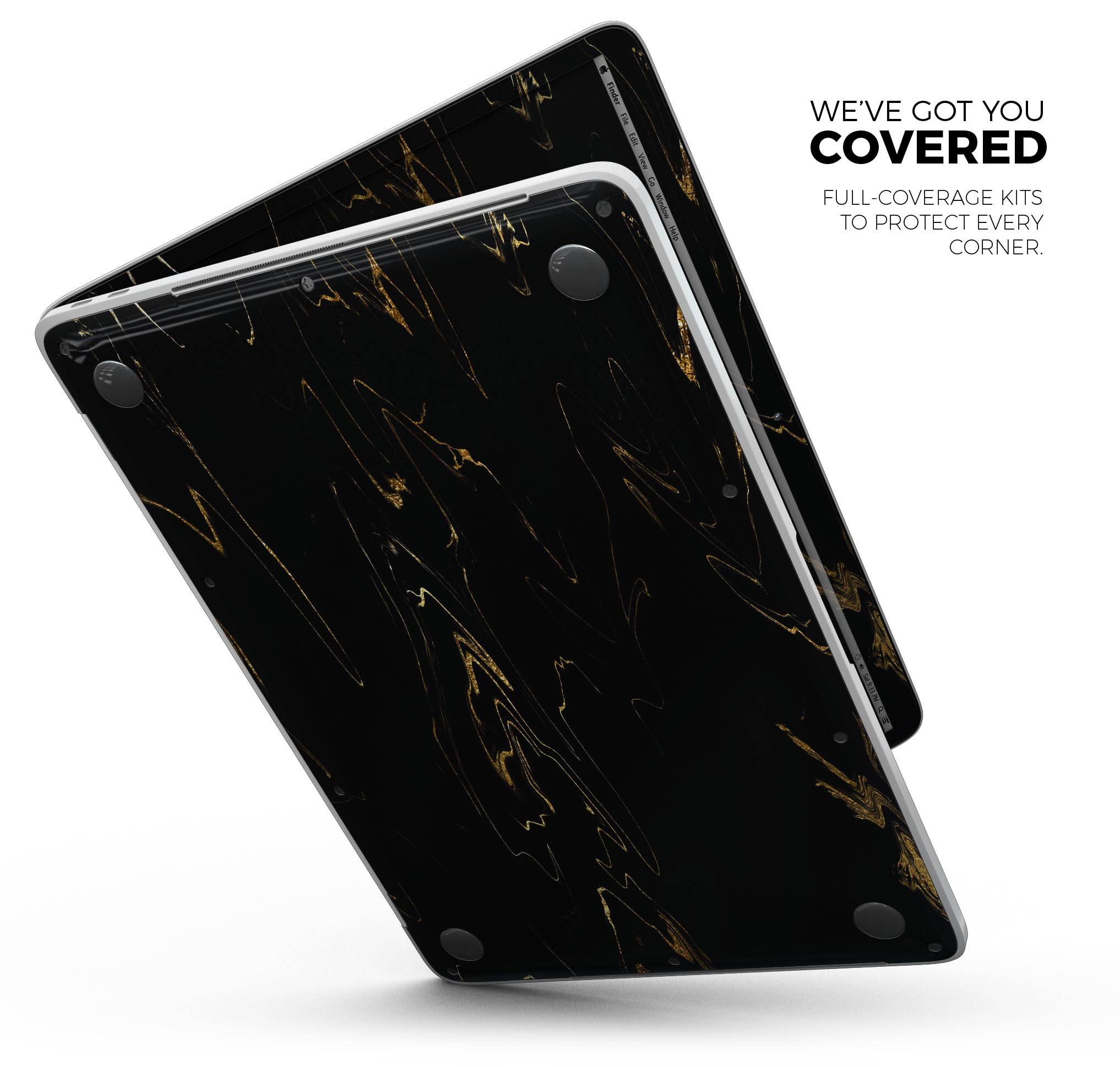 Black & Gold Marble Swirl V10 skin decal wrap kit for MacBook, showcasing a stylish marble design with a premium finish.