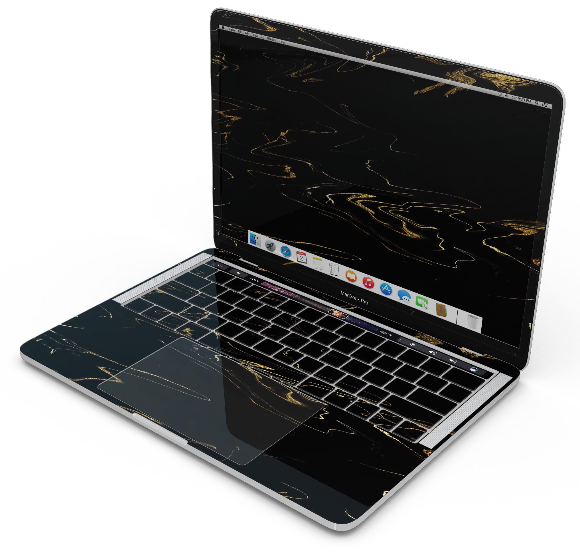 Black & Gold Marble Swirl V10 skin decal wrap kit for MacBook, showcasing a stylish marble design with a premium finish.