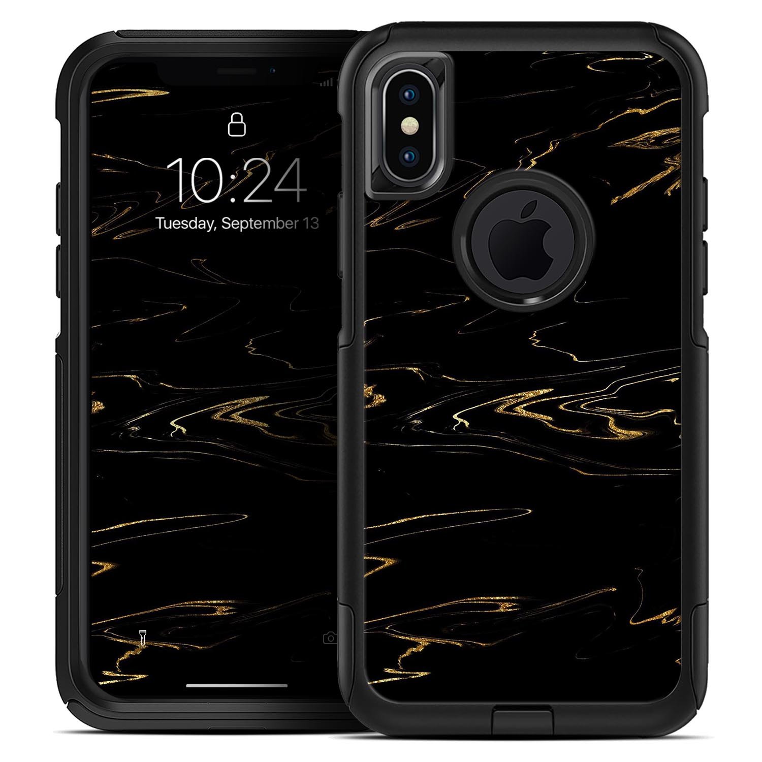 Black and gold marble swirl skin kit designed for iPhone OtterBox cases, showcasing a luxurious and stylish pattern.