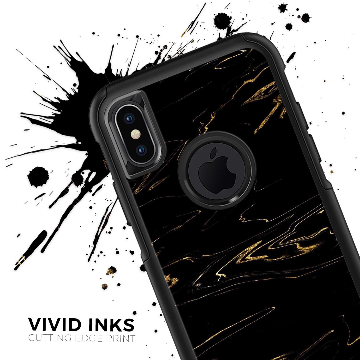 Black and gold marble swirl skin kit designed for iPhone OtterBox cases, showcasing a luxurious and stylish pattern.