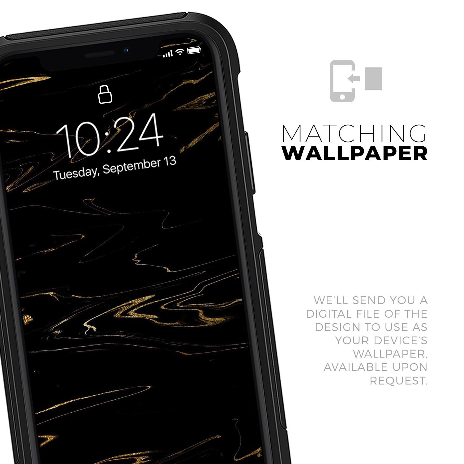 Black and gold marble swirl skin kit designed for iPhone OtterBox cases, showcasing a luxurious and stylish pattern.