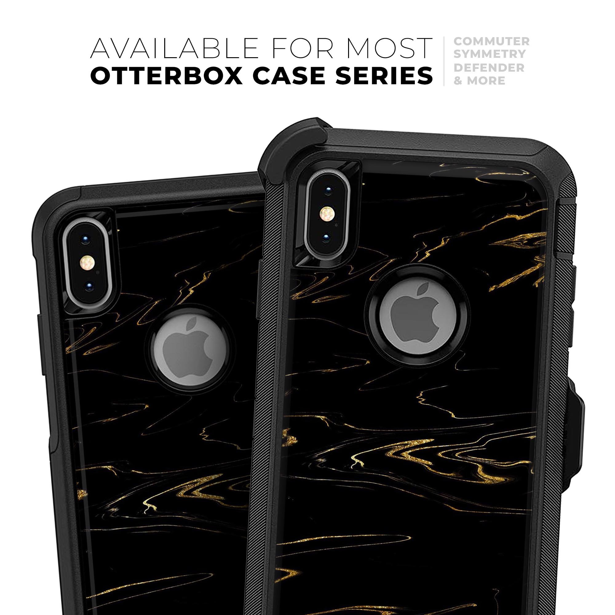 Black and gold marble swirl skin kit designed for iPhone OtterBox cases, showcasing a luxurious and stylish pattern.