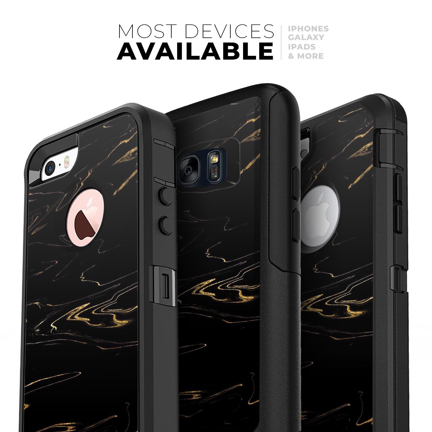 Black and gold marble swirl skin kit designed for iPhone OtterBox cases, showcasing a luxurious and stylish pattern.