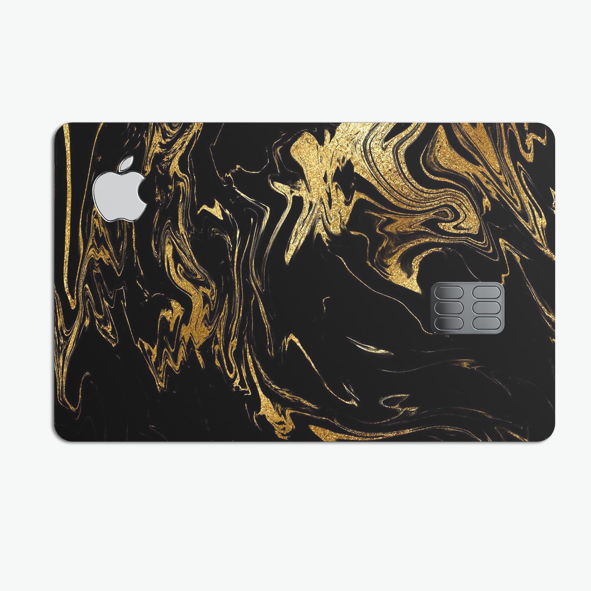 Black and gold marble swirl design protective decal skin for Apple Card, showcasing a luxurious and stylish appearance.