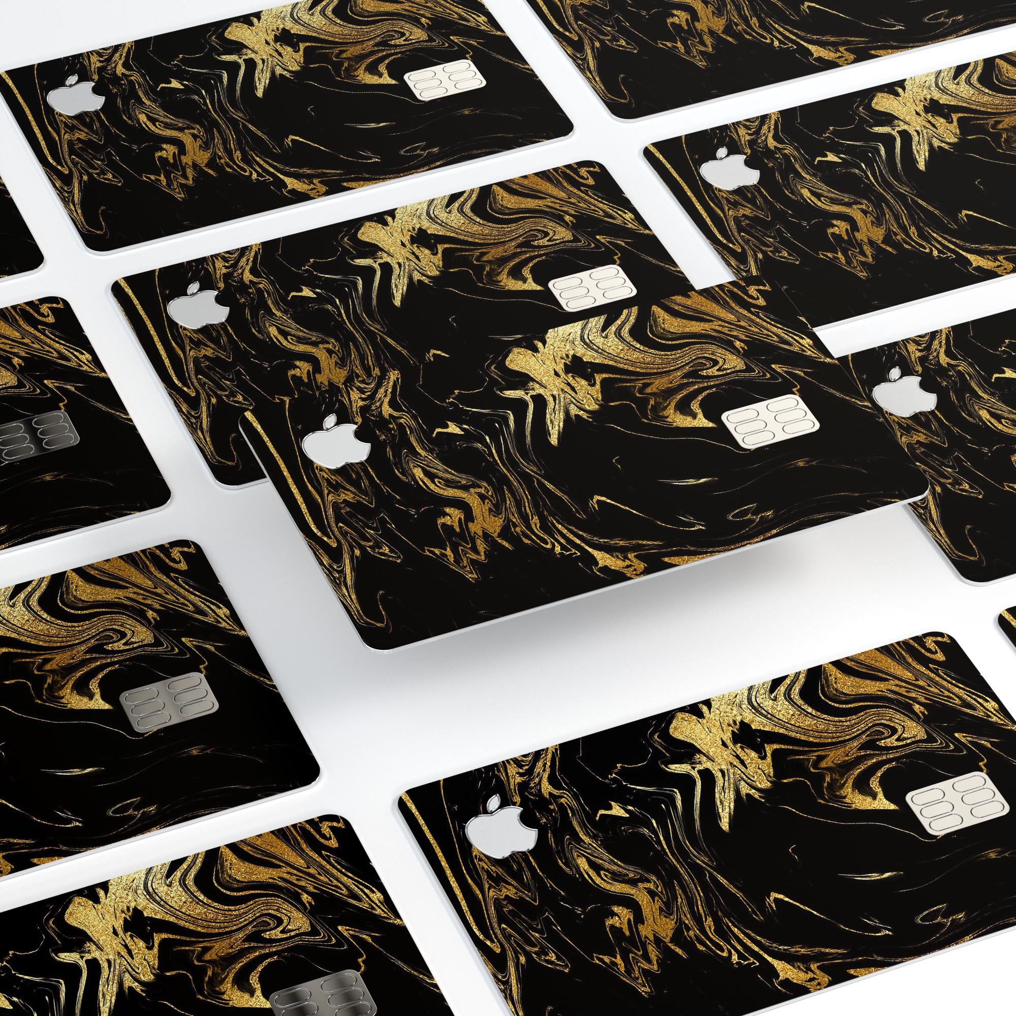 Black and gold marble swirl design protective decal skin for Apple Card, showcasing a luxurious and stylish appearance.