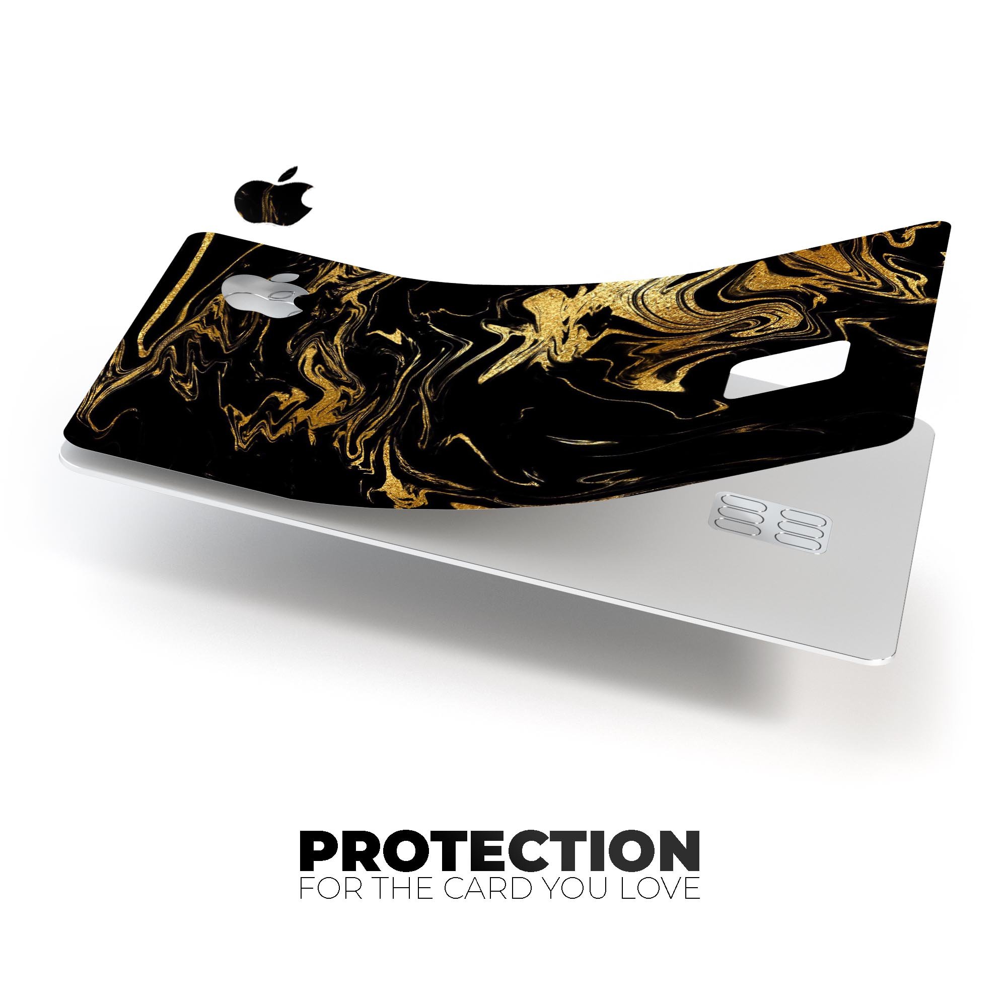 Black and gold marble swirl design protective decal skin for Apple Card, showcasing a luxurious and stylish appearance.