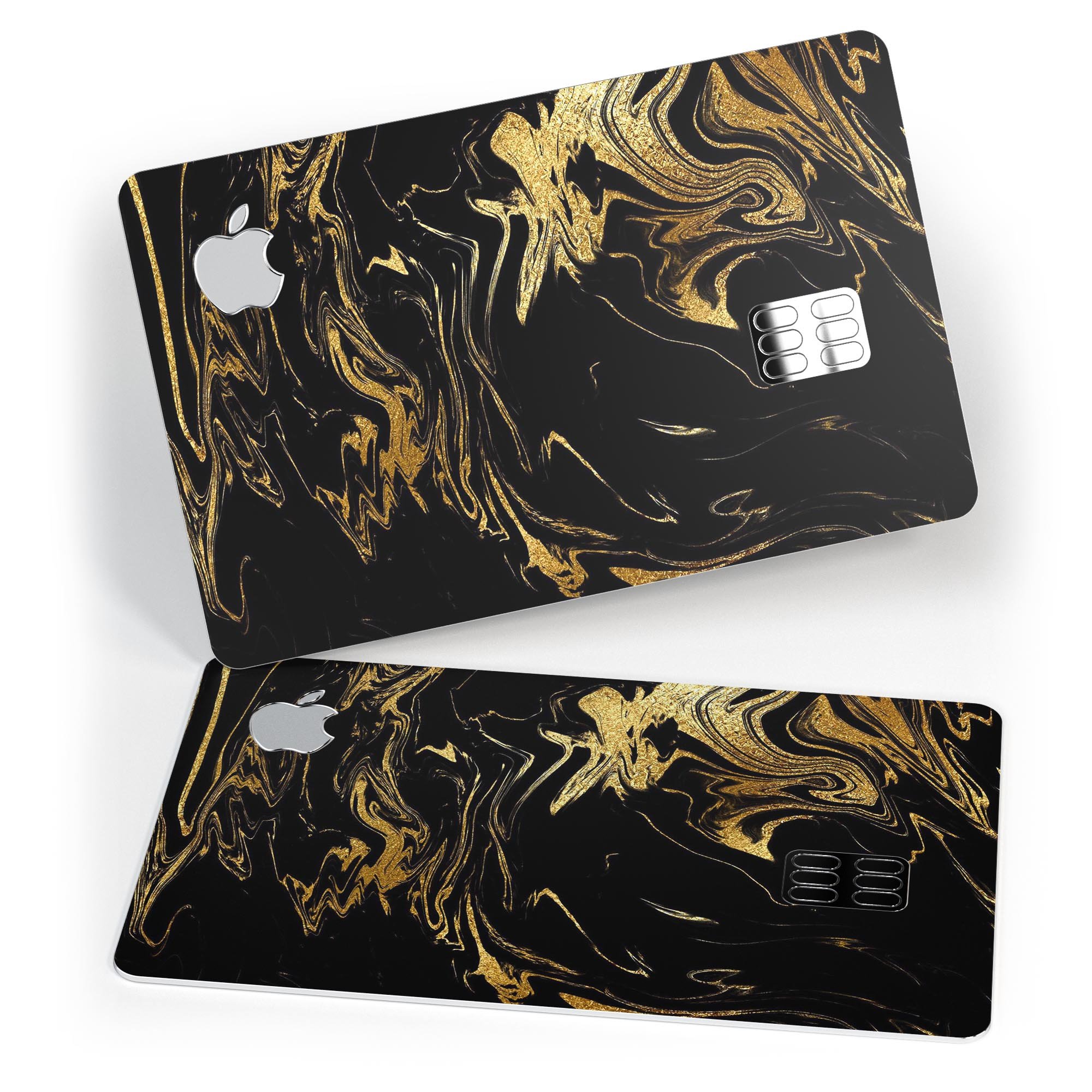 Black and gold marble swirl design protective decal skin for Apple Card, showcasing a luxurious and stylish appearance.