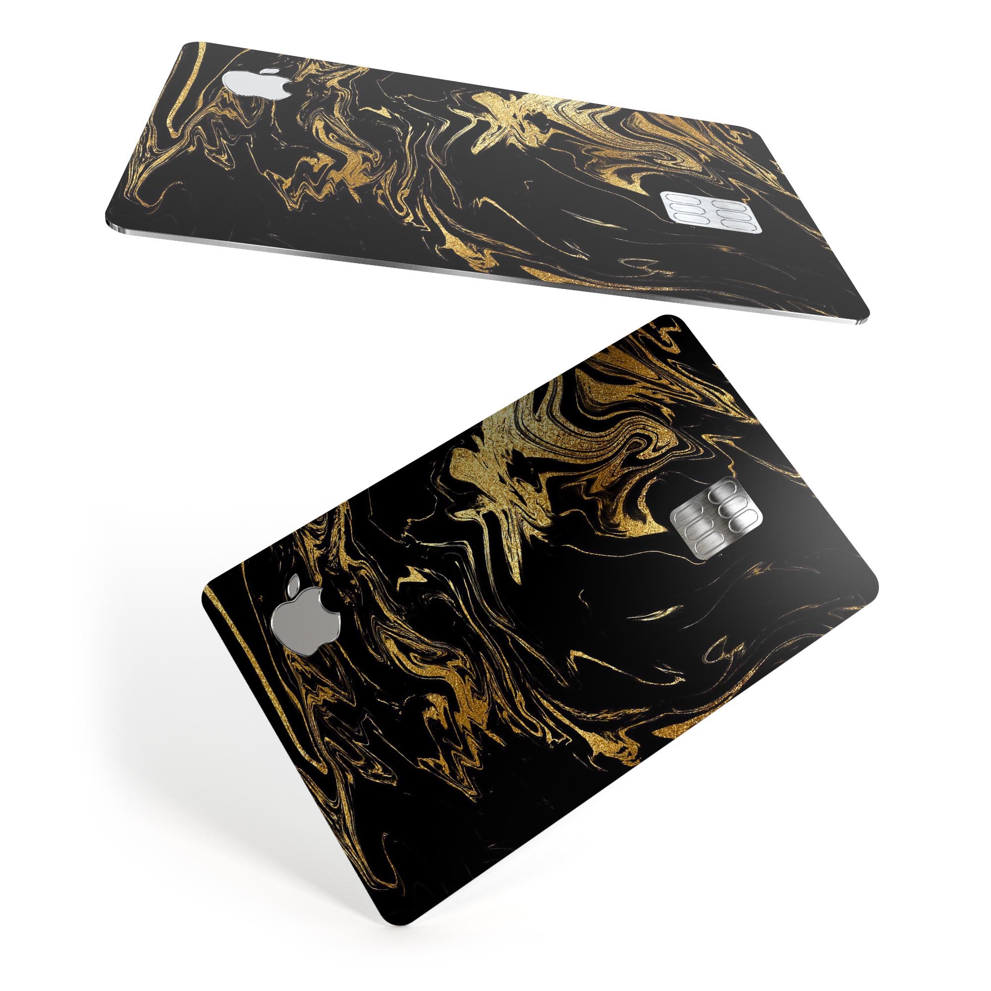 Black and gold marble swirl design protective decal skin for Apple Card, showcasing a luxurious and stylish appearance.