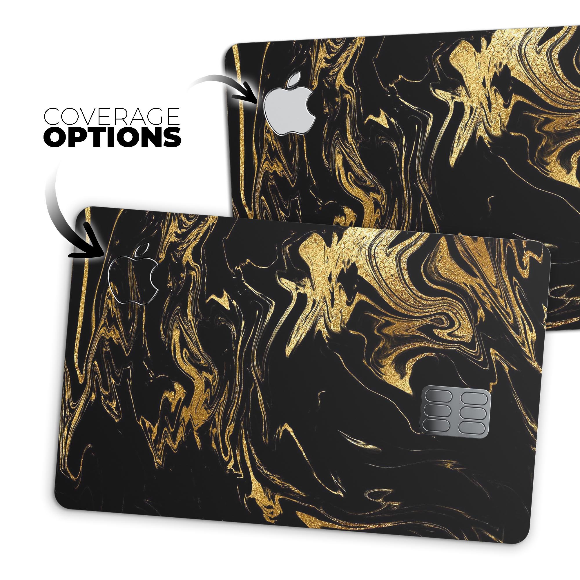 Black and gold marble swirl design protective decal skin for Apple Card, showcasing a luxurious and stylish appearance.