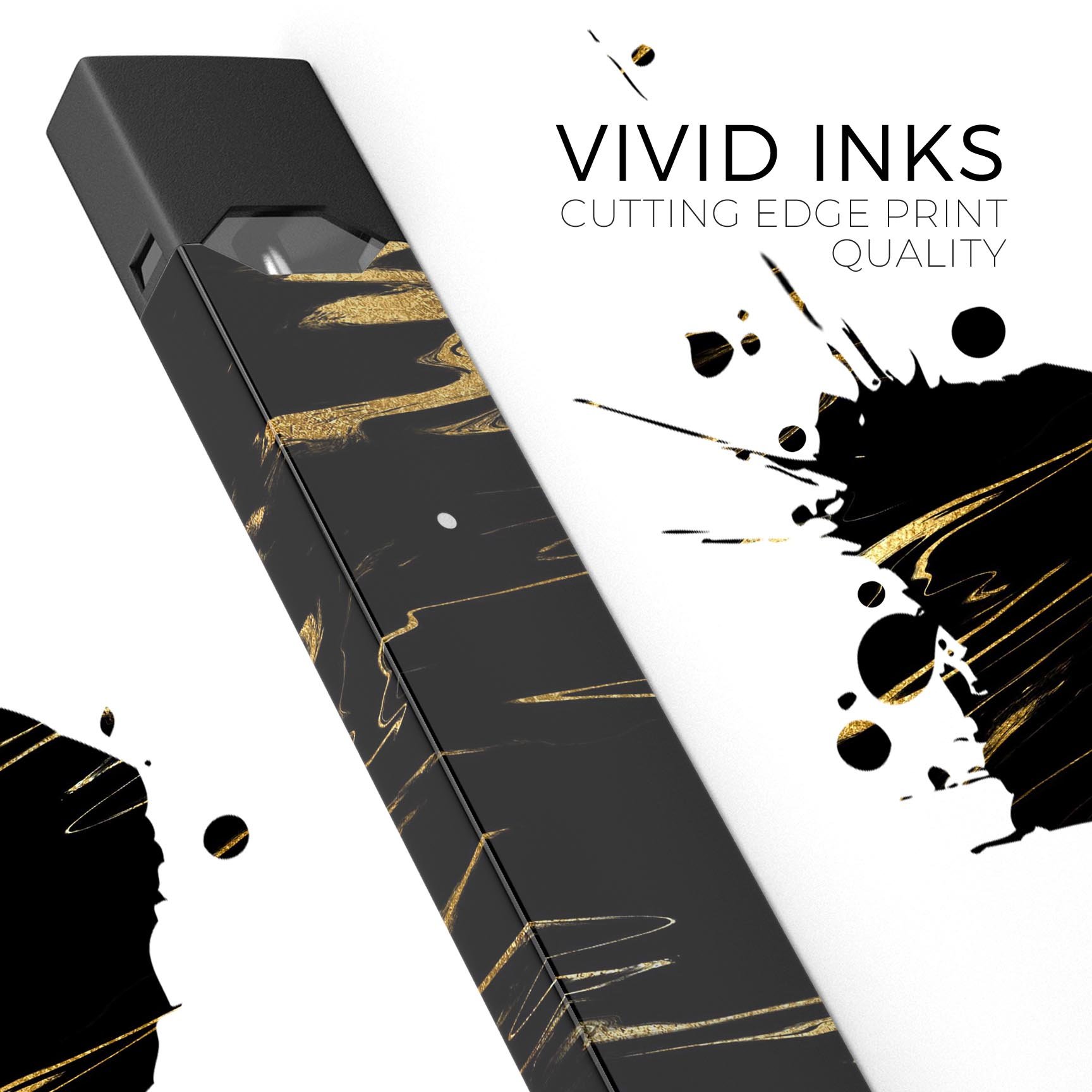 Black and gold marble swirl skin wrap for JUUL vaping device, showcasing a stylish design and premium quality.