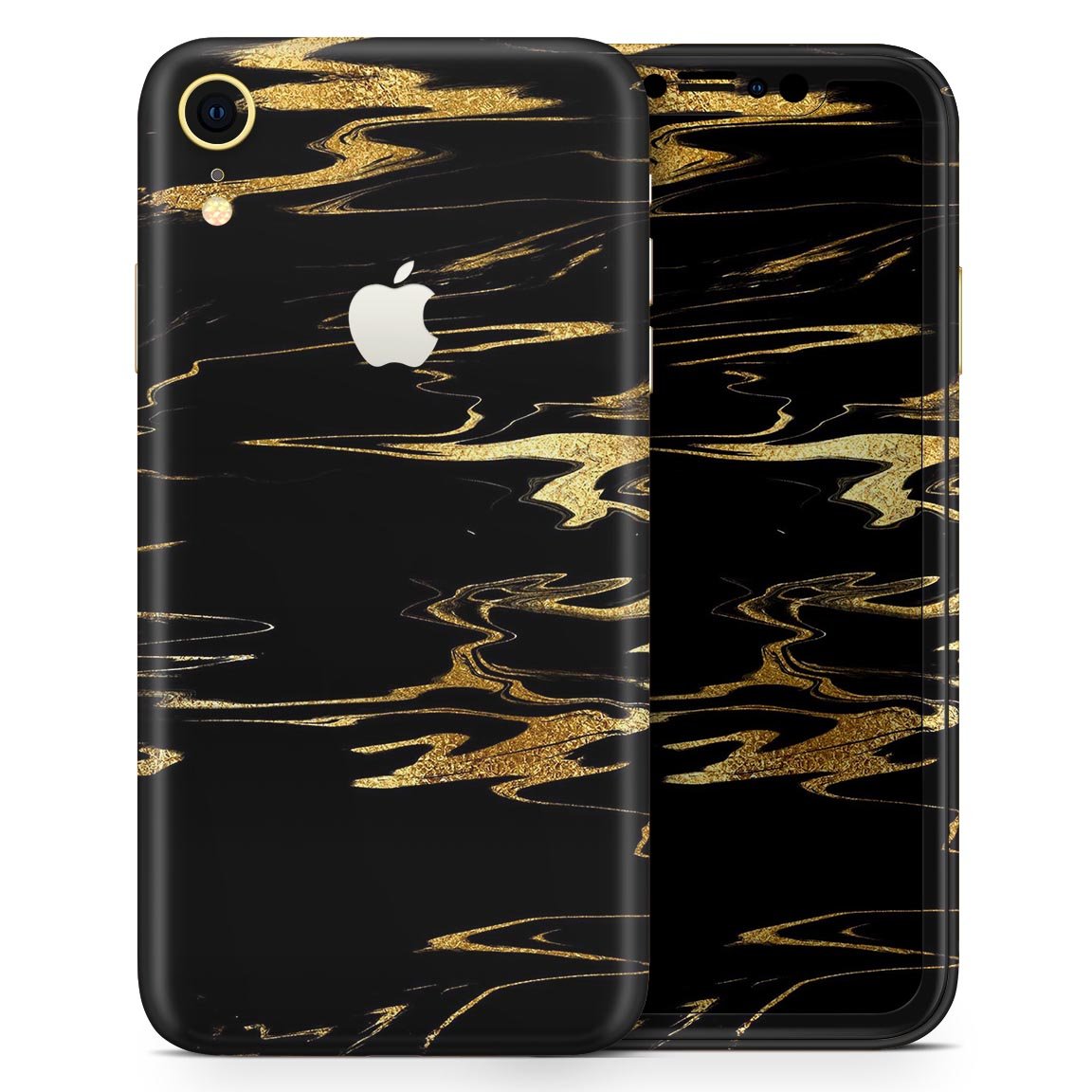 Black & Gold Marble Swirl V2 skin for Apple iPhone XR and XS, showcasing a stylish marble design.