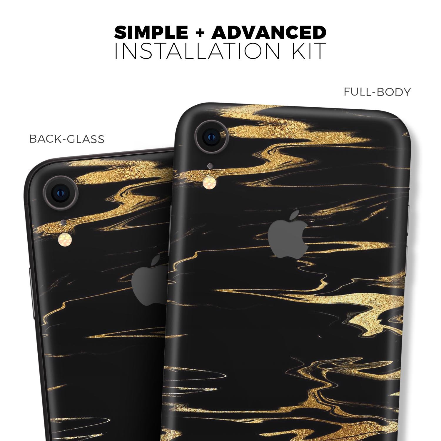 Black & Gold Marble Swirl V2 skin for Apple iPhone XR and XS, showcasing a stylish marble design.