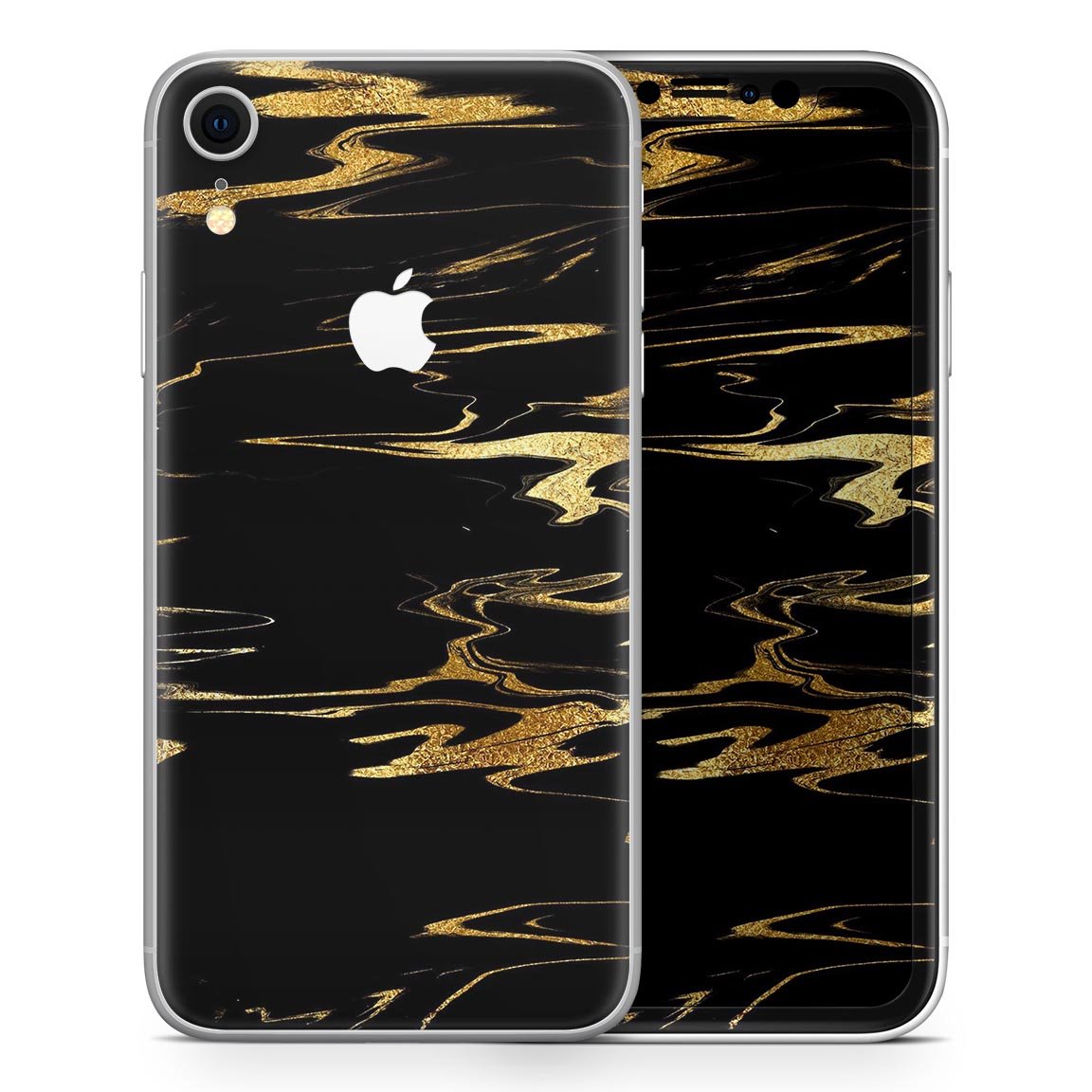 Black & Gold Marble Swirl V2 skin for Apple iPhone XR and XS, showcasing a stylish marble design.