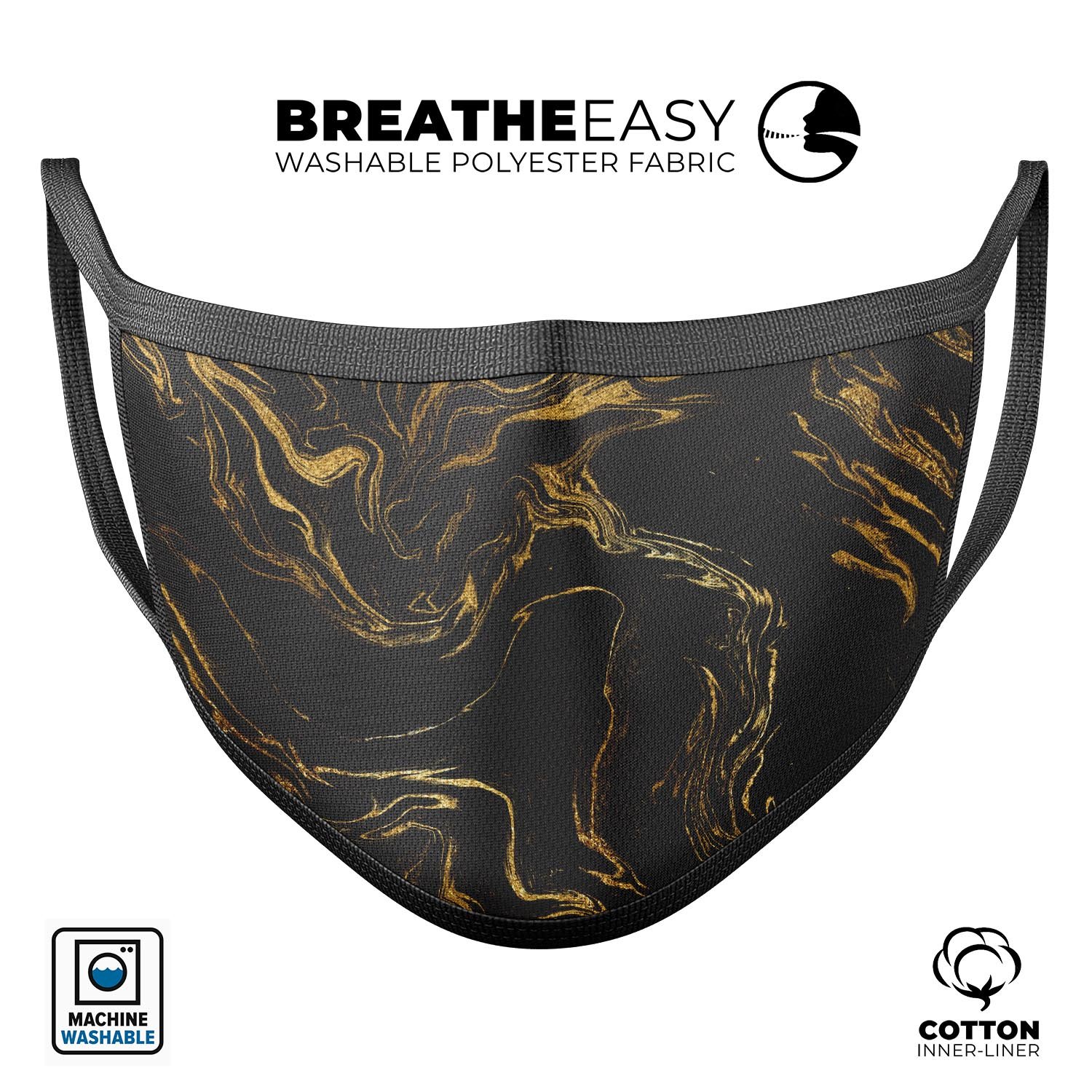 Black & Gold Marble Swirl V3 mouth cover, featuring a stylish design and adjustable ear loops for a comfortable fit.