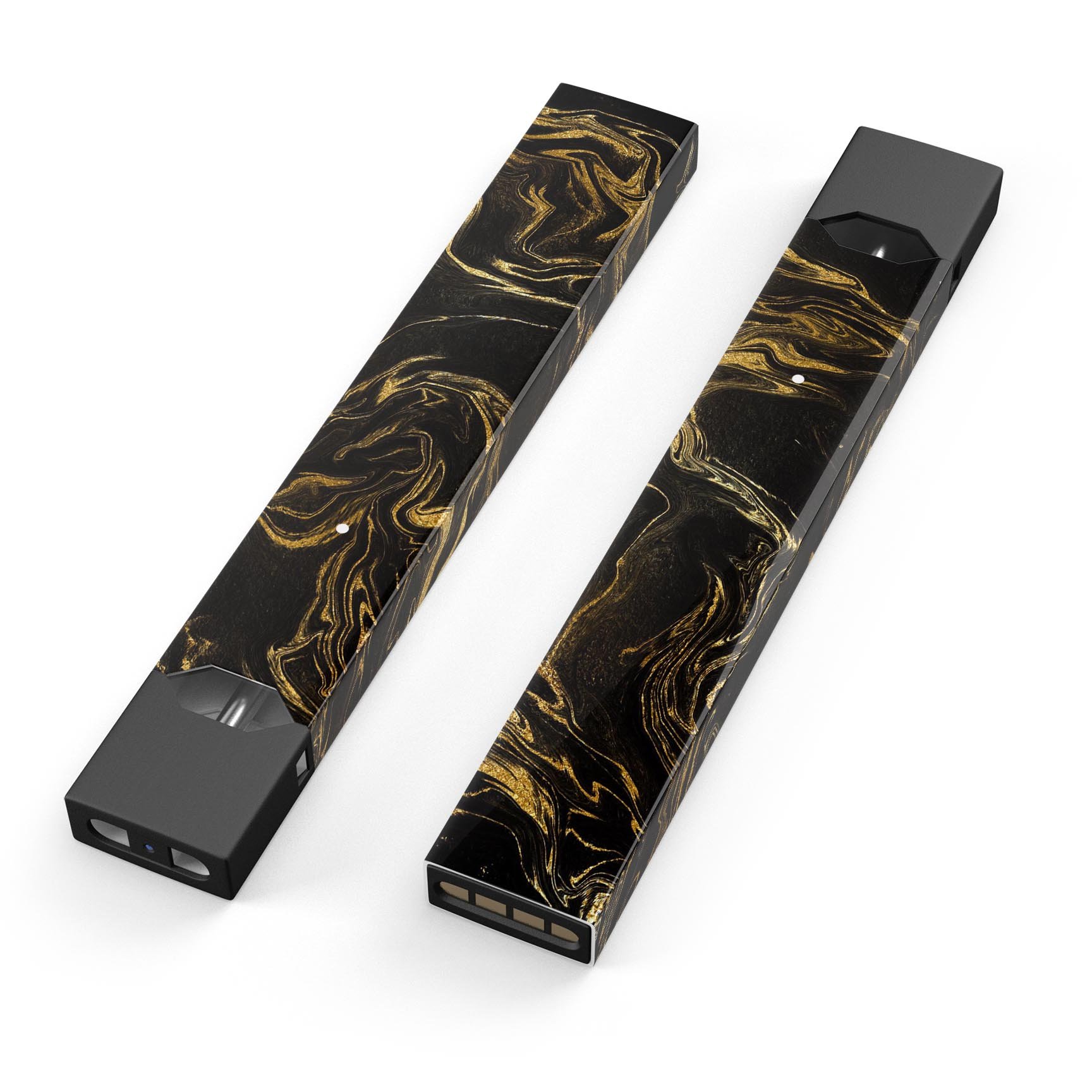 Black and gold marble swirl decal skin wrap for JUUL vaping device, showcasing a stylish and protective design.