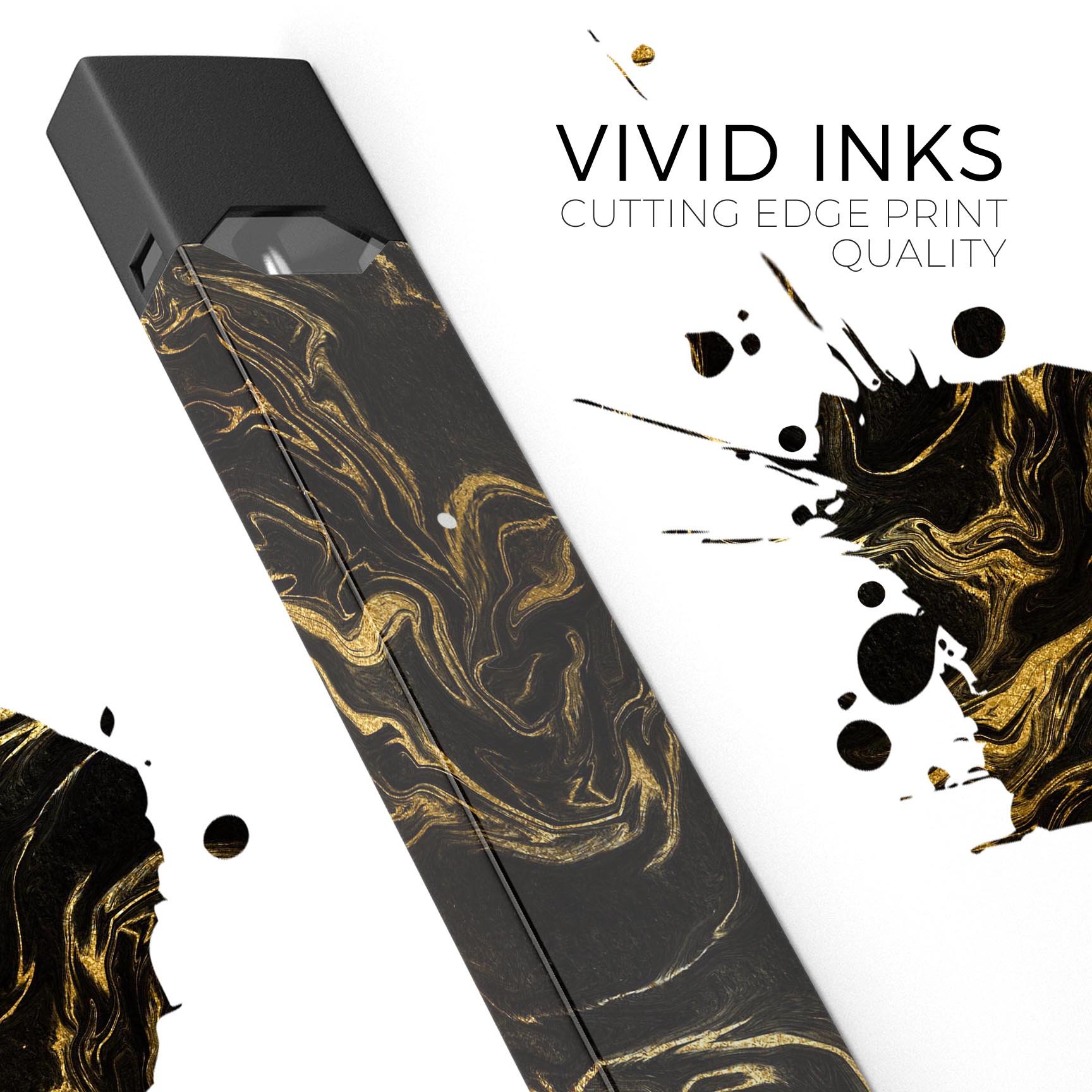 Black and gold marble swirl decal skin wrap for JUUL vaping device, showcasing a stylish and protective design.