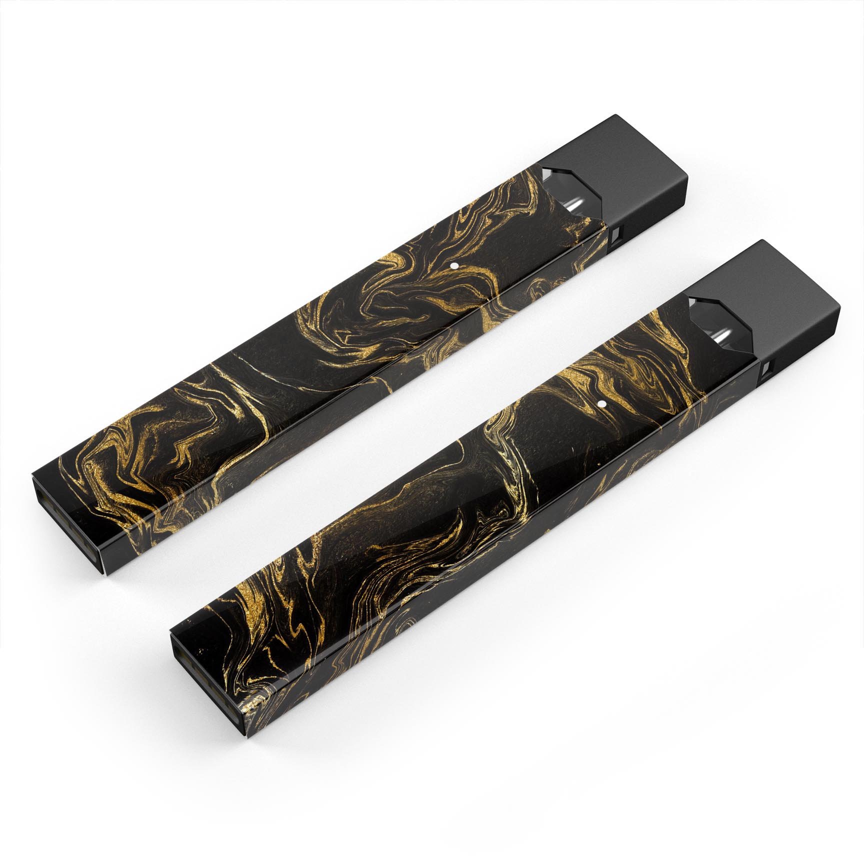 Black and gold marble swirl decal skin wrap for JUUL vaping device, showcasing a stylish and protective design.