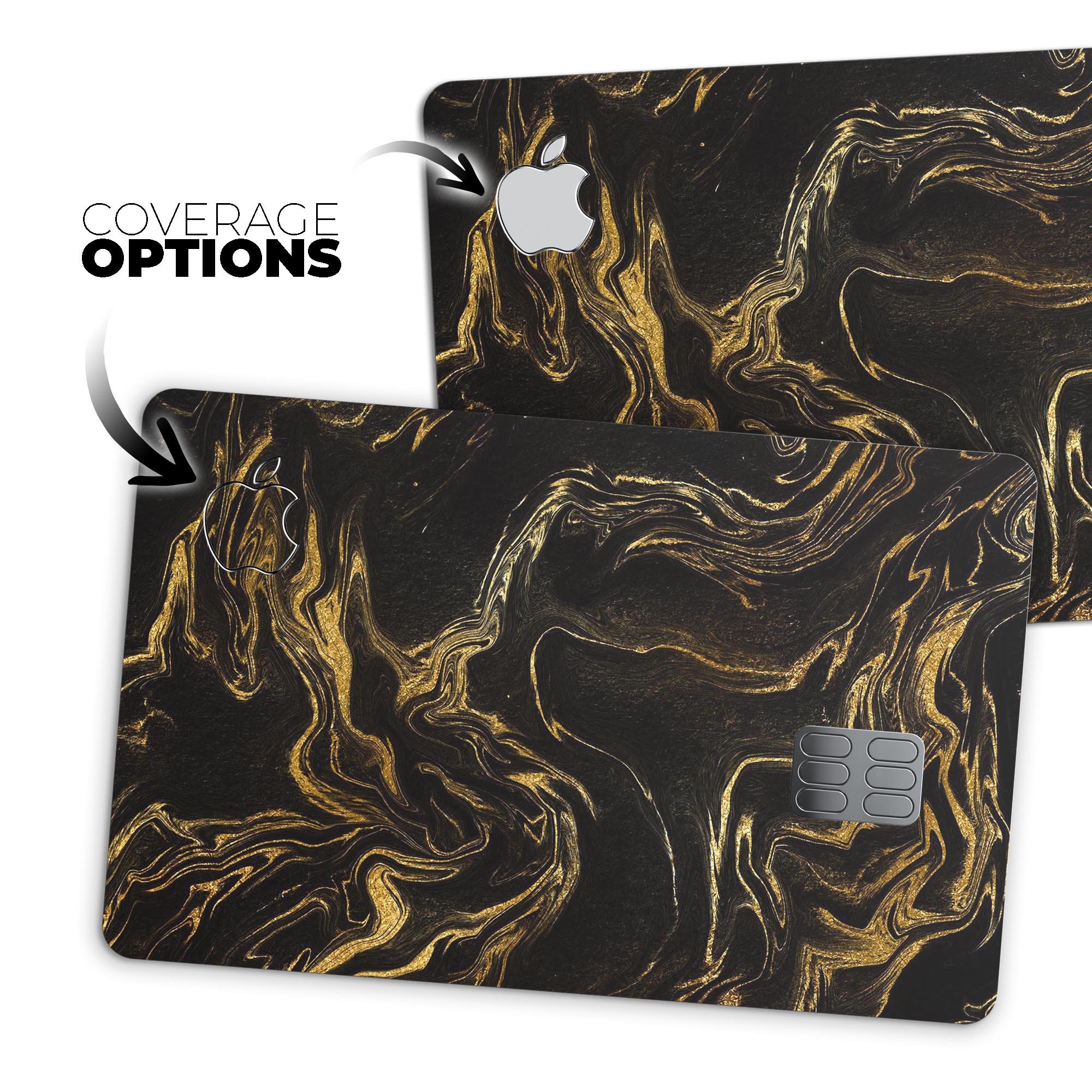 Black & Gold Marble Swirl V3 decal skin for Apple Card, showcasing a stylish marble design with premium protective features.