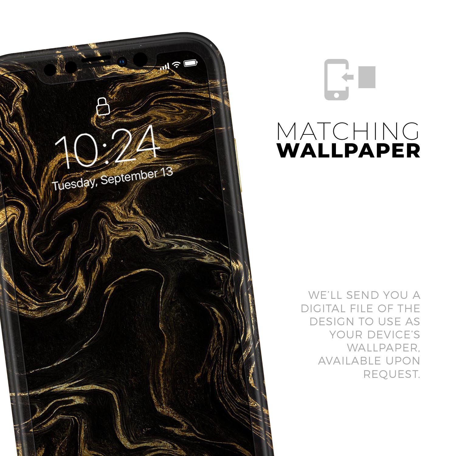 Black & Gold Marble Swirl V3 skin for Apple iPhone, showcasing a stylish marble design with a glossy finish.