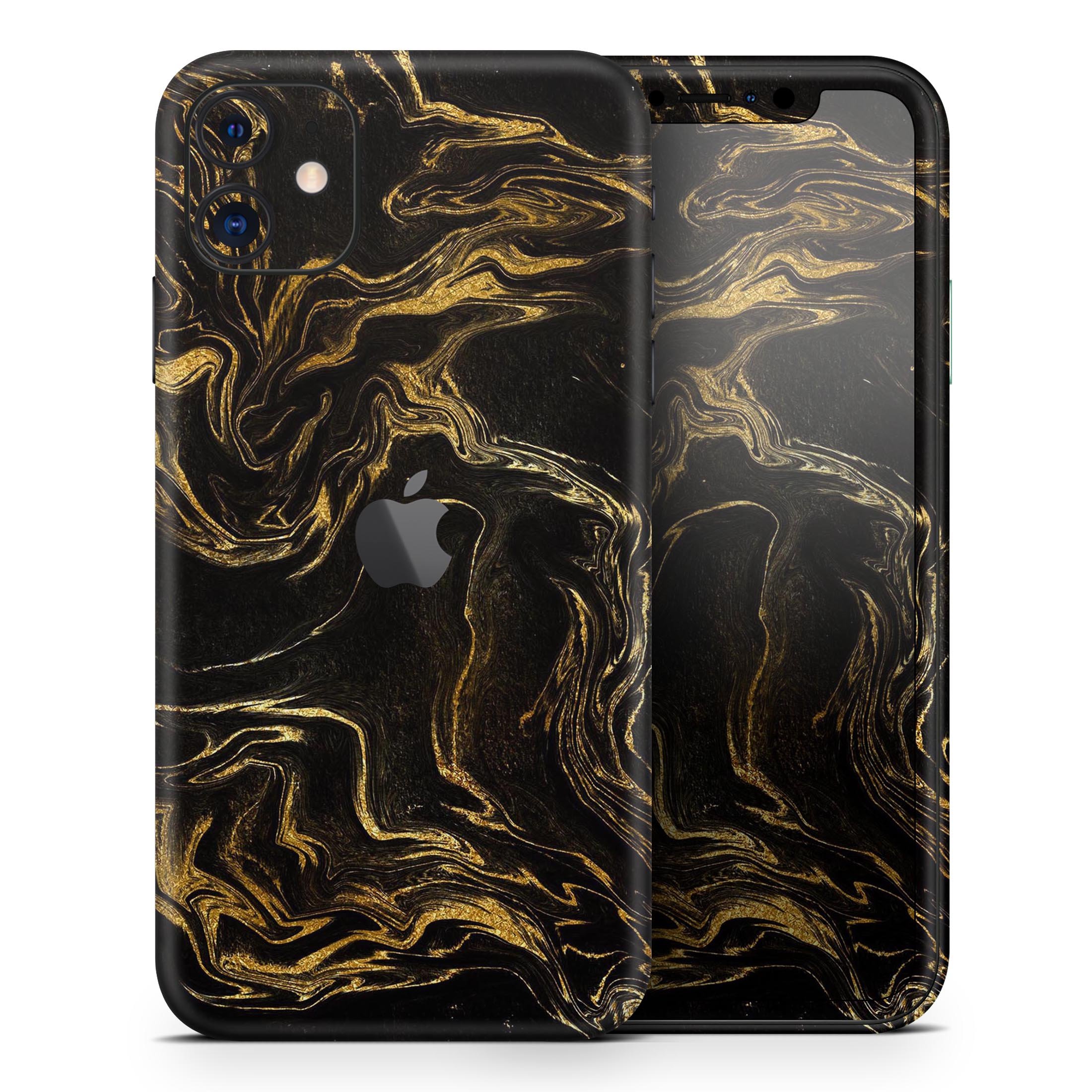 Black & Gold Marble Swirl V3 skin for Apple iPhone, showcasing a stylish marble design with a glossy finish.