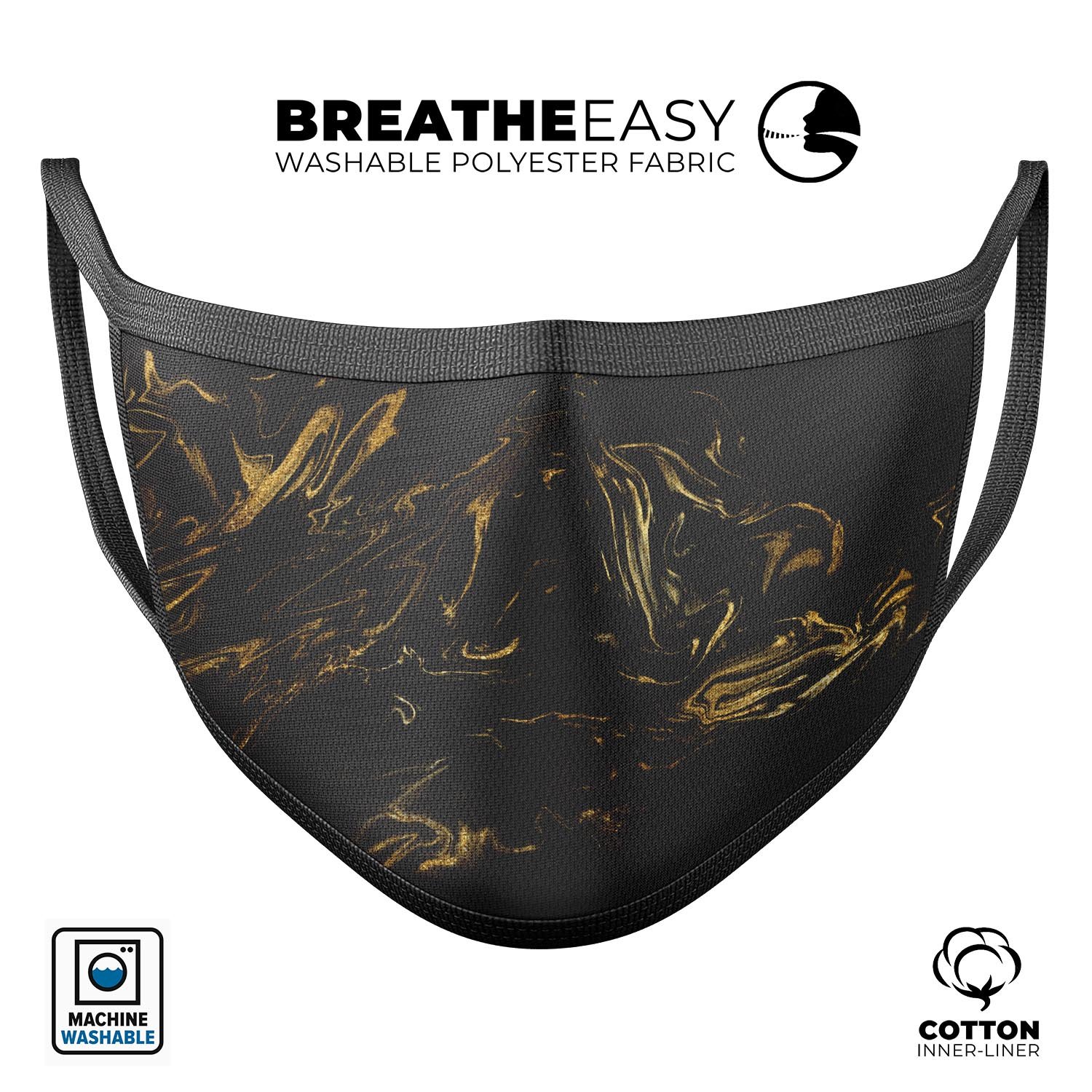 Black & Gold Marble Swirl V4 mouth cover, showcasing a stylish design with adjustable ear loops for a comfortable fit.