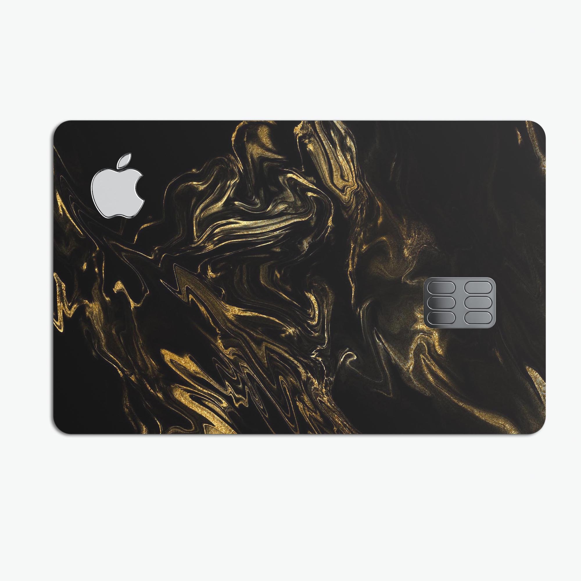 Black and gold marble swirl design protective skin for Apple Card, showcasing premium vinyl material and stylish finish.