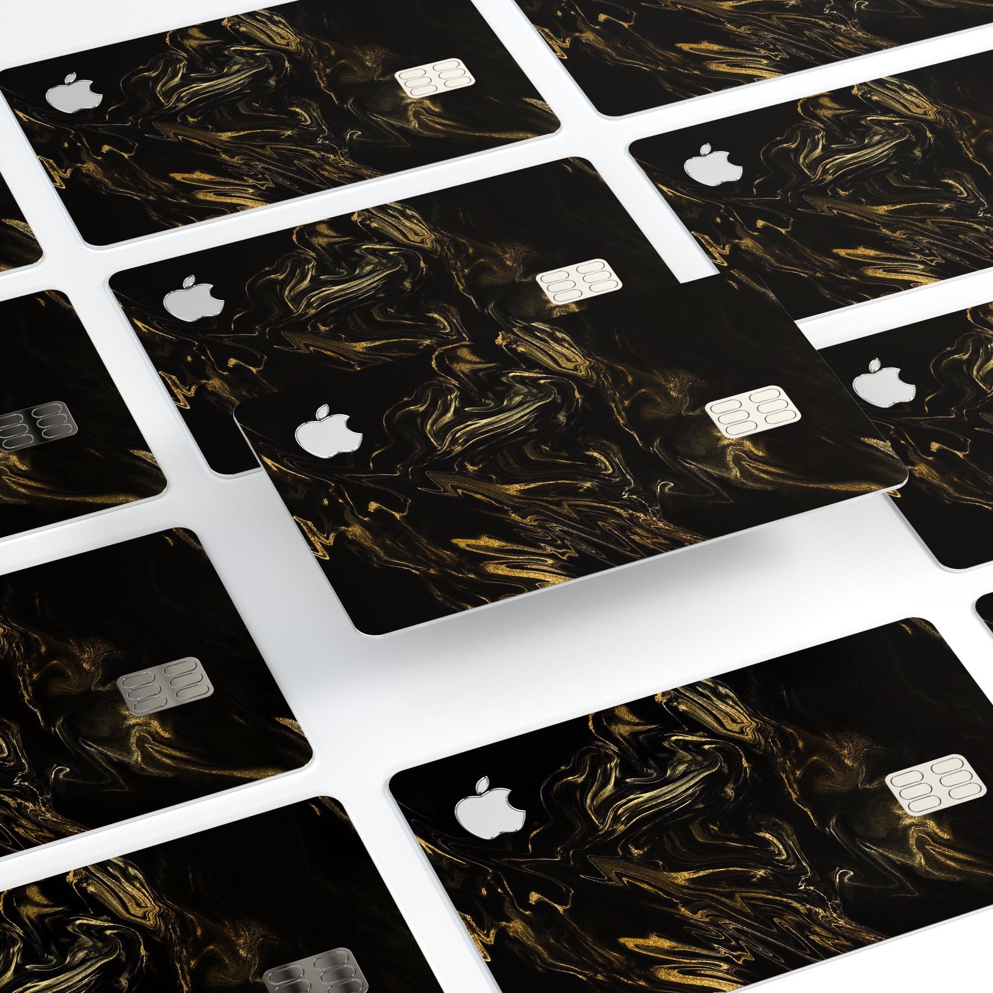 Black and gold marble swirl design protective skin for Apple Card, showcasing premium vinyl material and stylish finish.