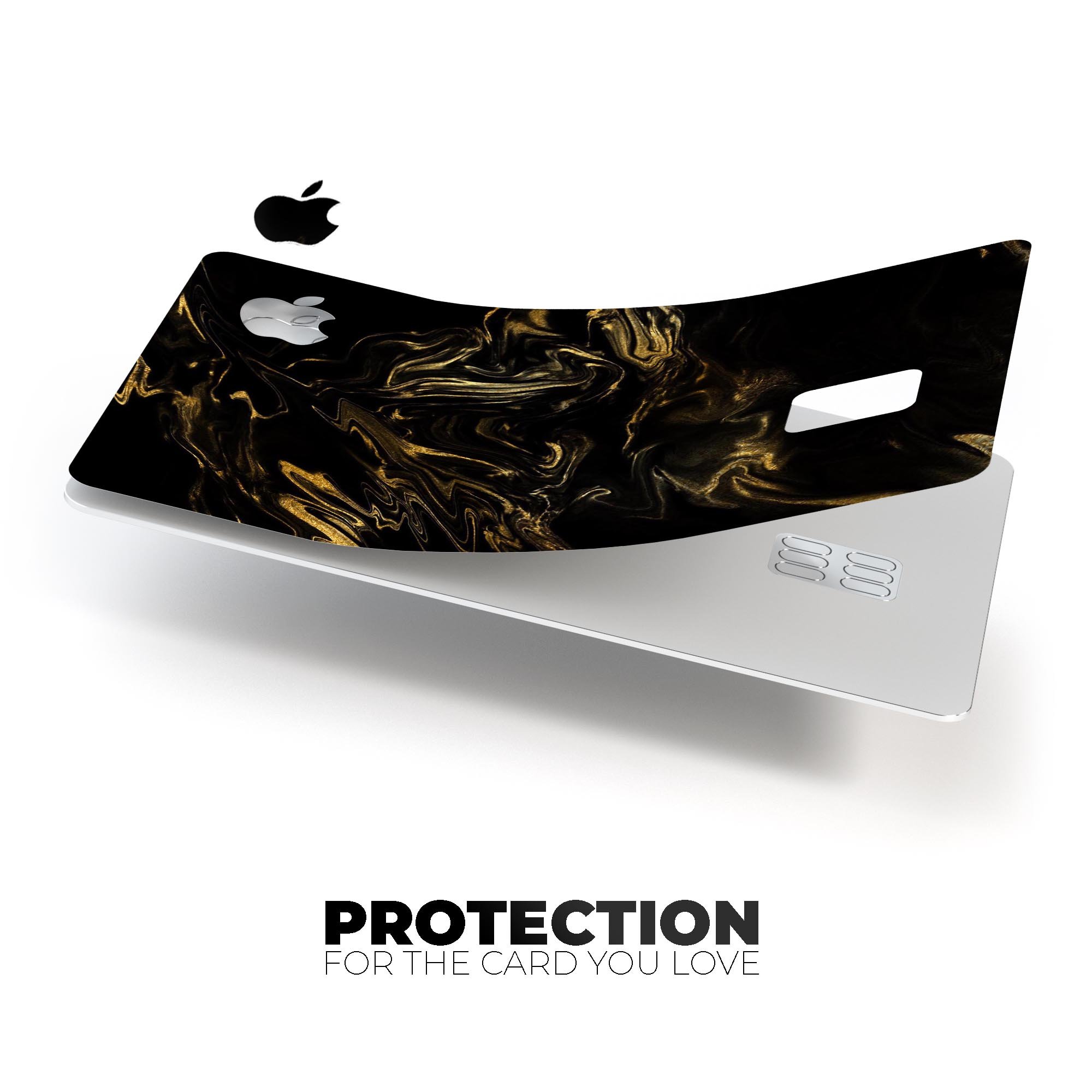 Black and gold marble swirl design protective skin for Apple Card, showcasing premium vinyl material and stylish finish.