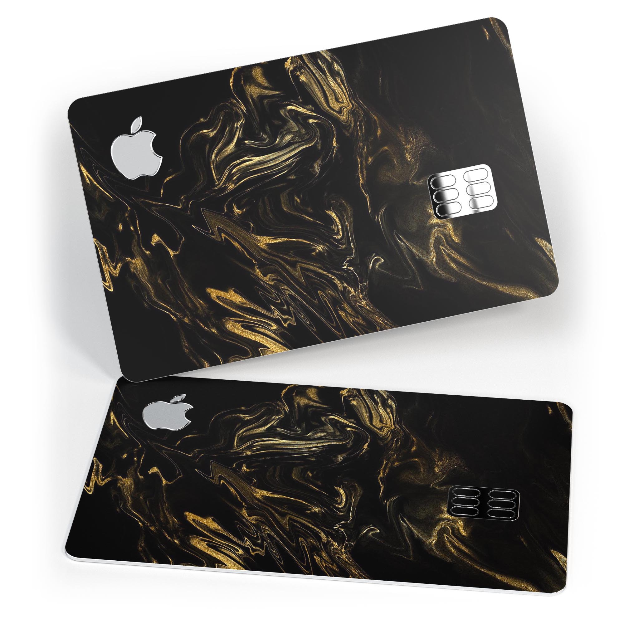 Black and gold marble swirl design protective skin for Apple Card, showcasing premium vinyl material and stylish finish.