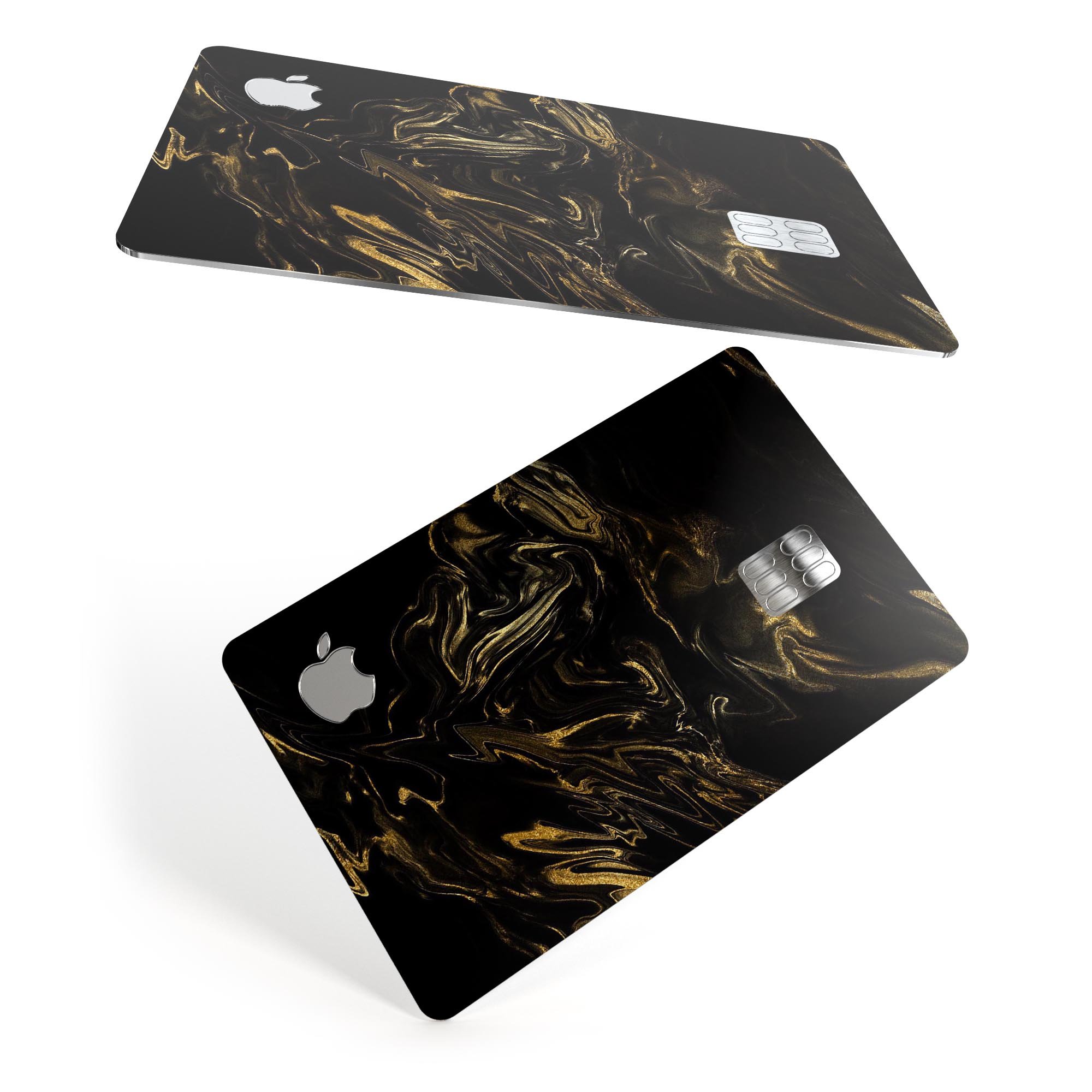 Black and gold marble swirl design protective skin for Apple Card, showcasing premium vinyl material and stylish finish.