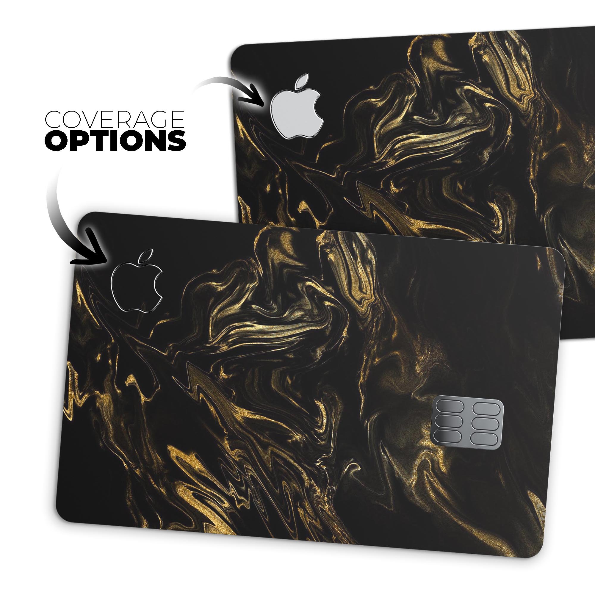 Black and gold marble swirl design protective skin for Apple Card, showcasing premium vinyl material and stylish finish.