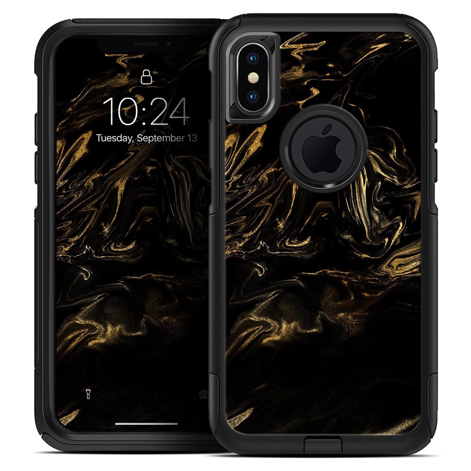 Black and gold marble swirl skin kit for iPhone OtterBox cases, showcasing a stylish design with premium finish.