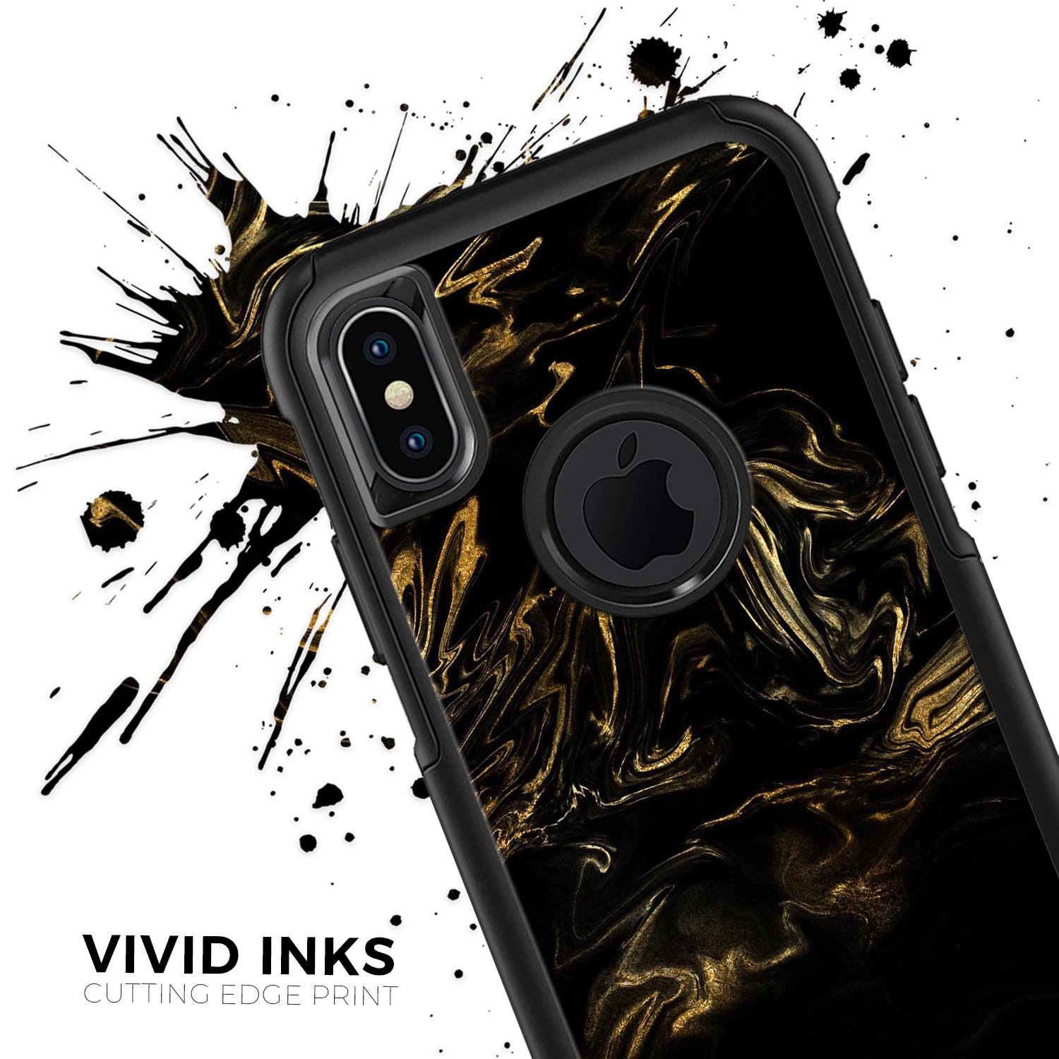 Black and gold marble swirl skin kit for iPhone OtterBox cases, showcasing a stylish design with premium finish.