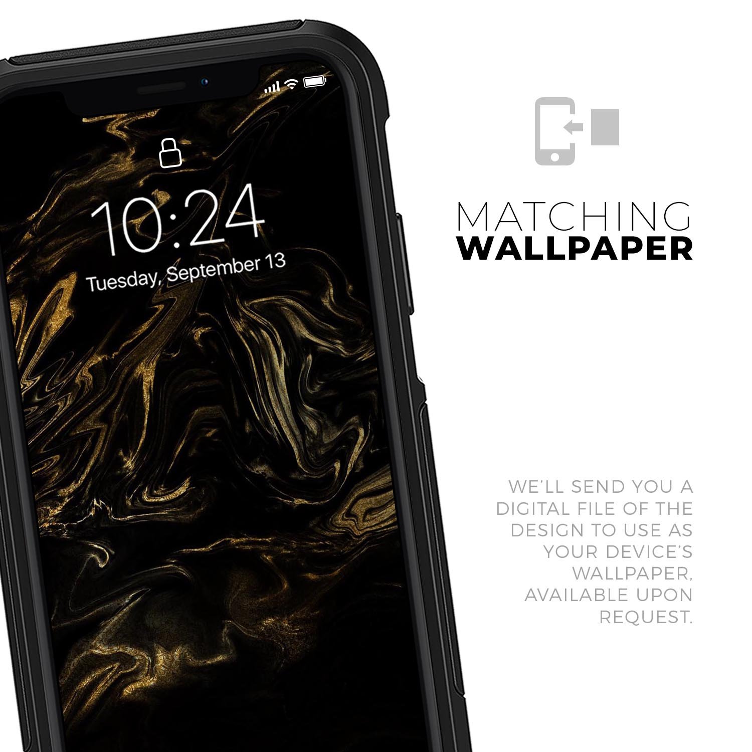 Black and gold marble swirl skin kit for iPhone OtterBox cases, showcasing a stylish design with premium finish.