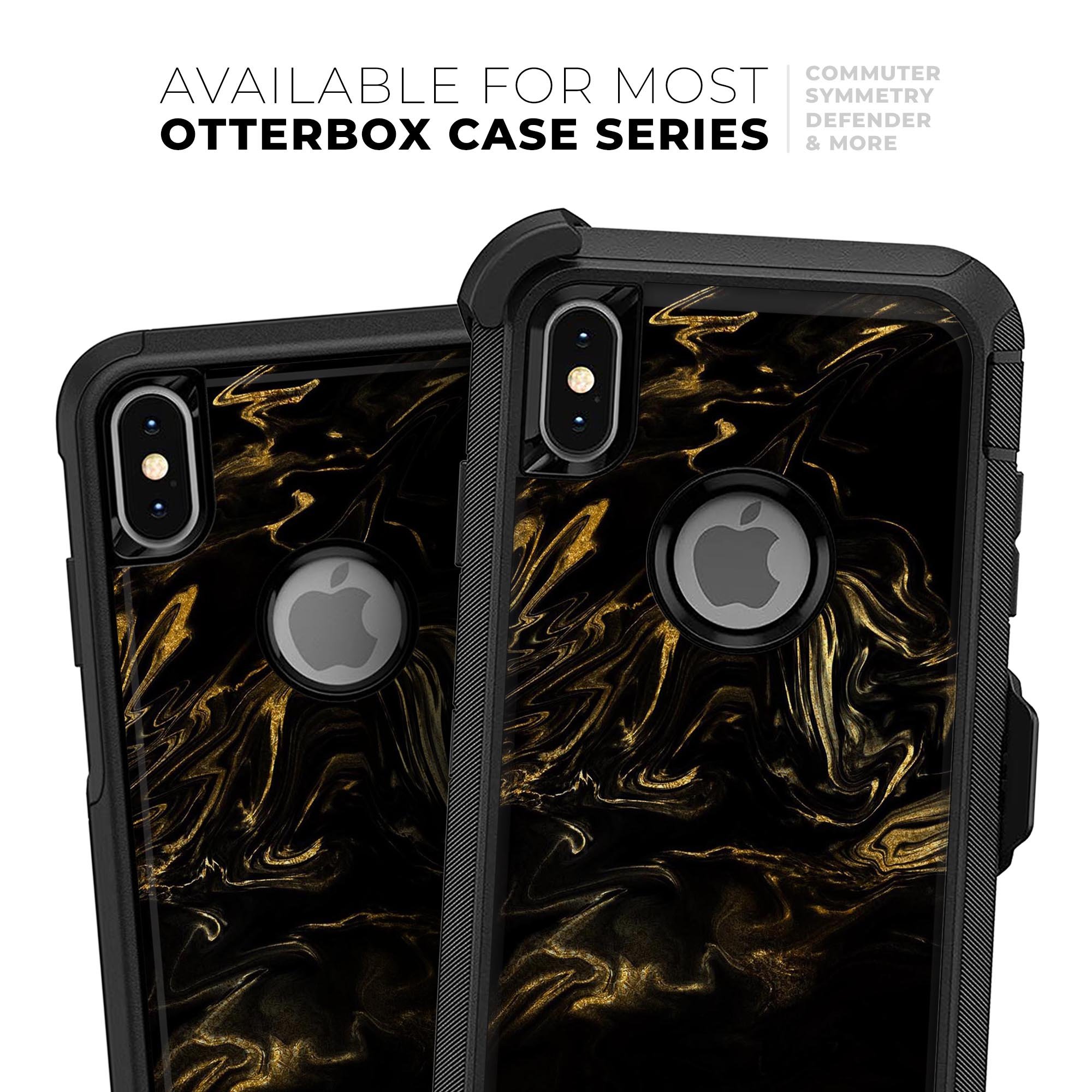 Black and gold marble swirl skin kit for iPhone OtterBox cases, showcasing a stylish design with premium finish.