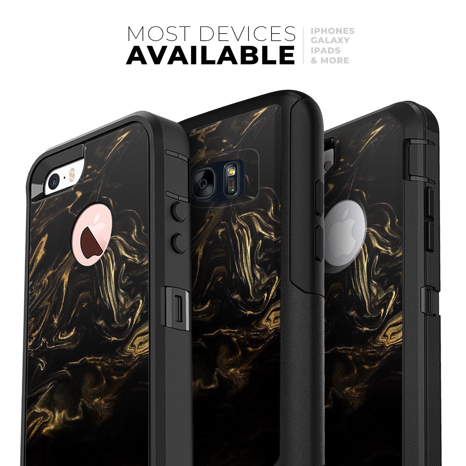 Black and gold marble swirl skin kit for iPhone OtterBox cases, showcasing a stylish design with premium finish.