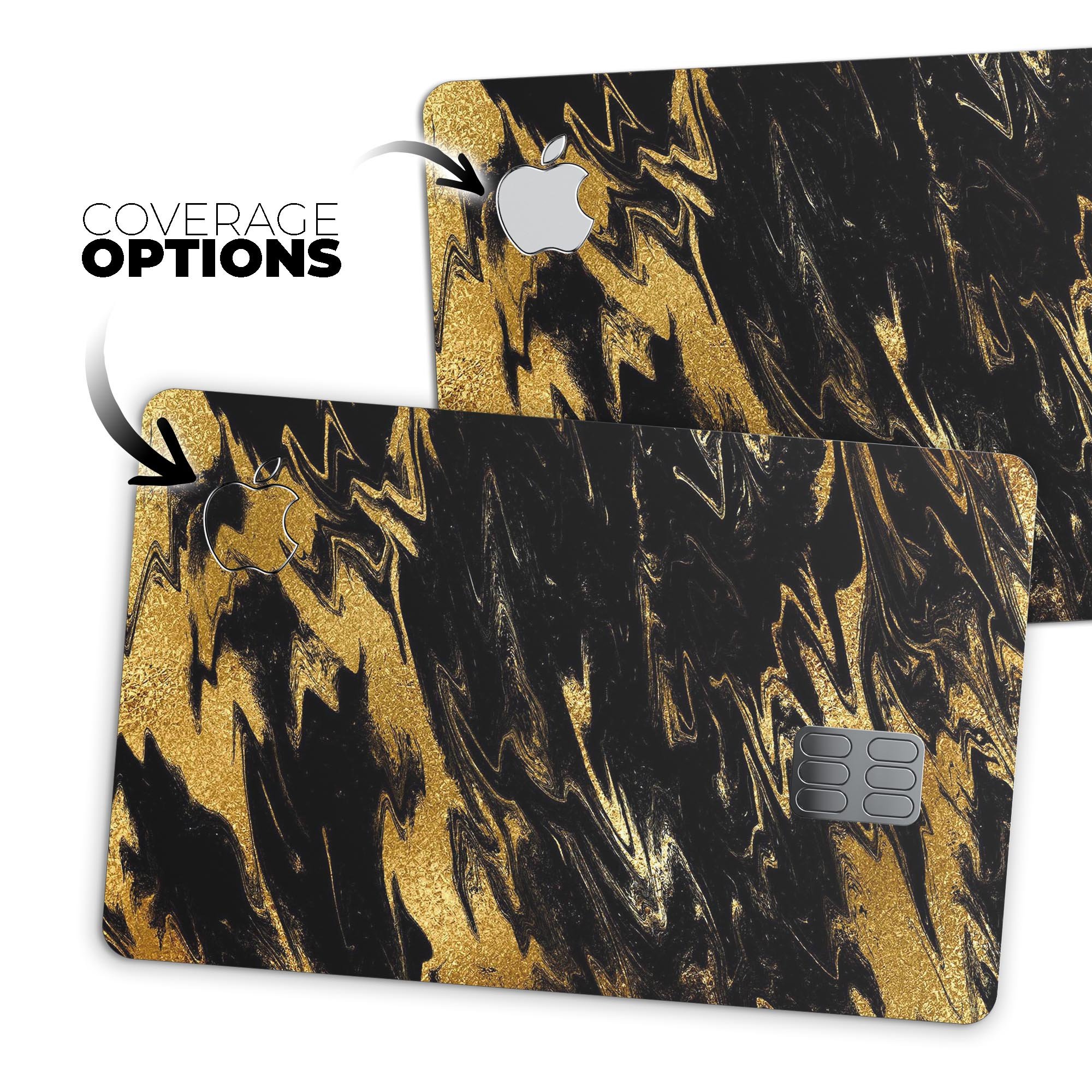 Black & Gold Marble Swirl V5 decal skin for Apple Card, showcasing a luxurious marble design with premium finish.