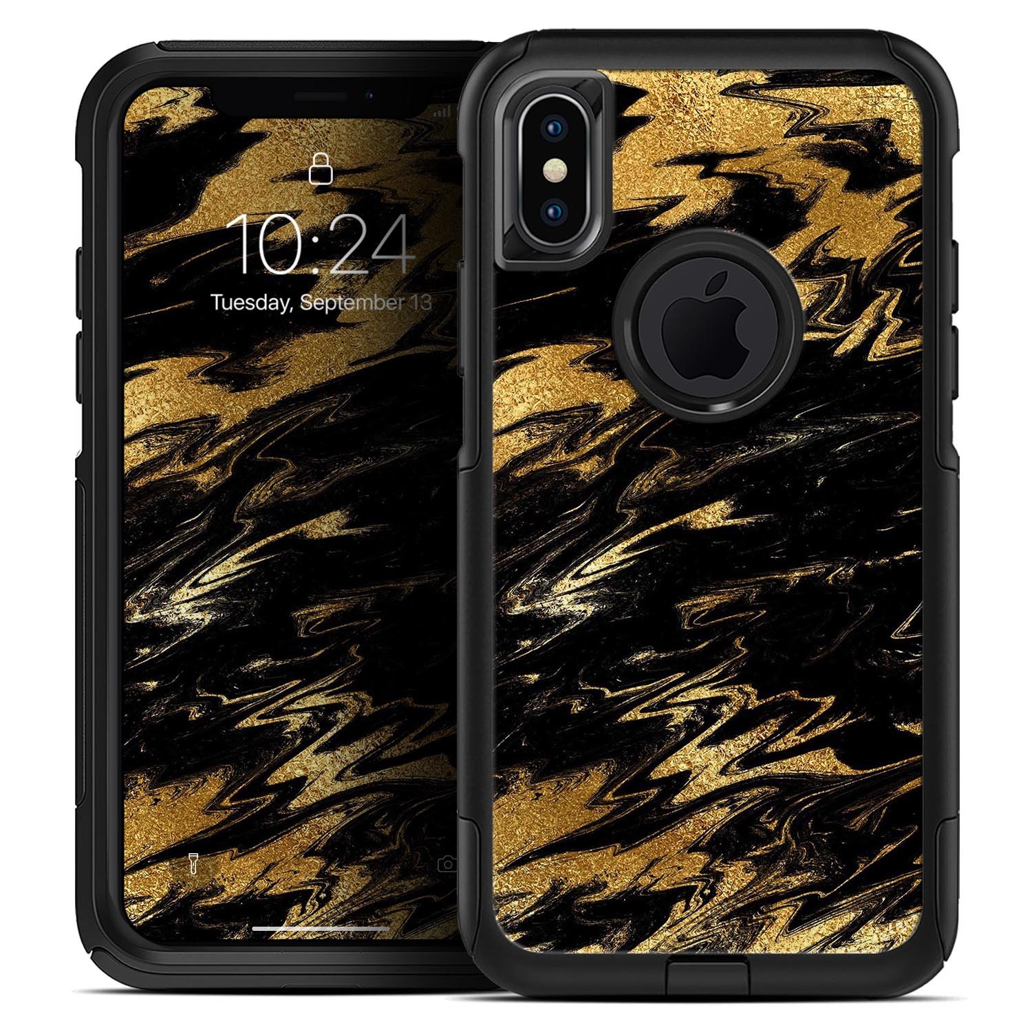 Black and gold marble swirl skin kit for iPhone OtterBox cases, showcasing a stylish design with premium finish.