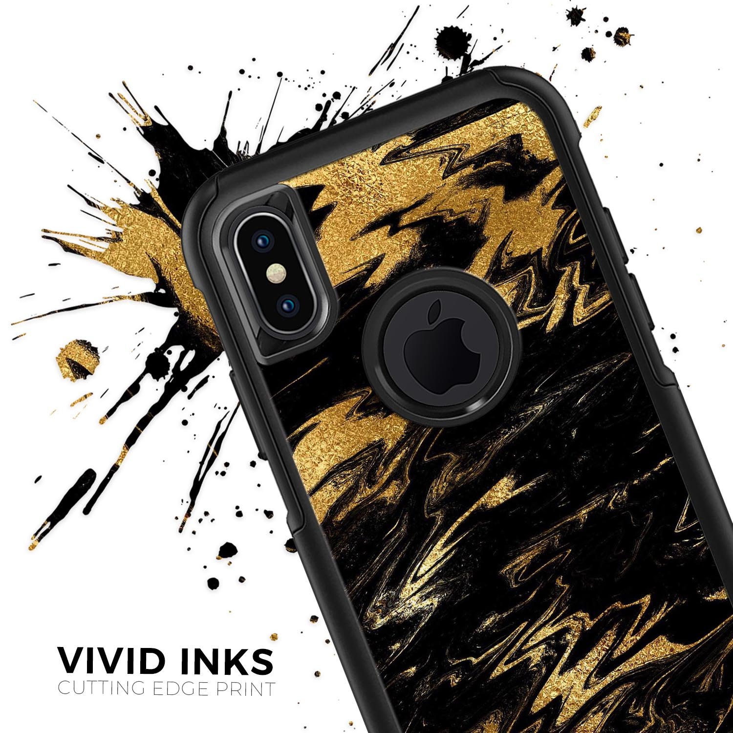 Black and gold marble swirl skin kit for iPhone OtterBox cases, showcasing a stylish design with premium finish.