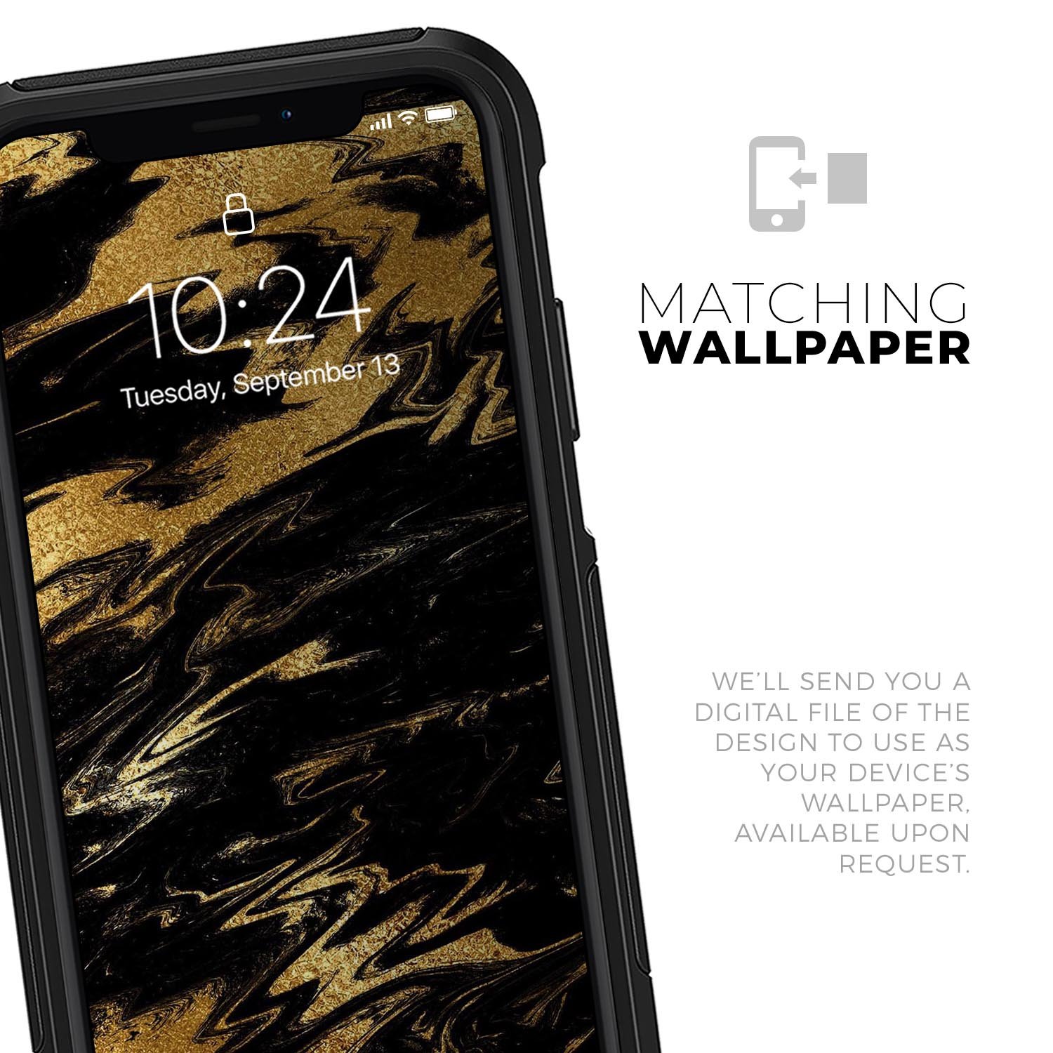 Black and gold marble swirl skin kit for iPhone OtterBox cases, showcasing a stylish design with premium finish.