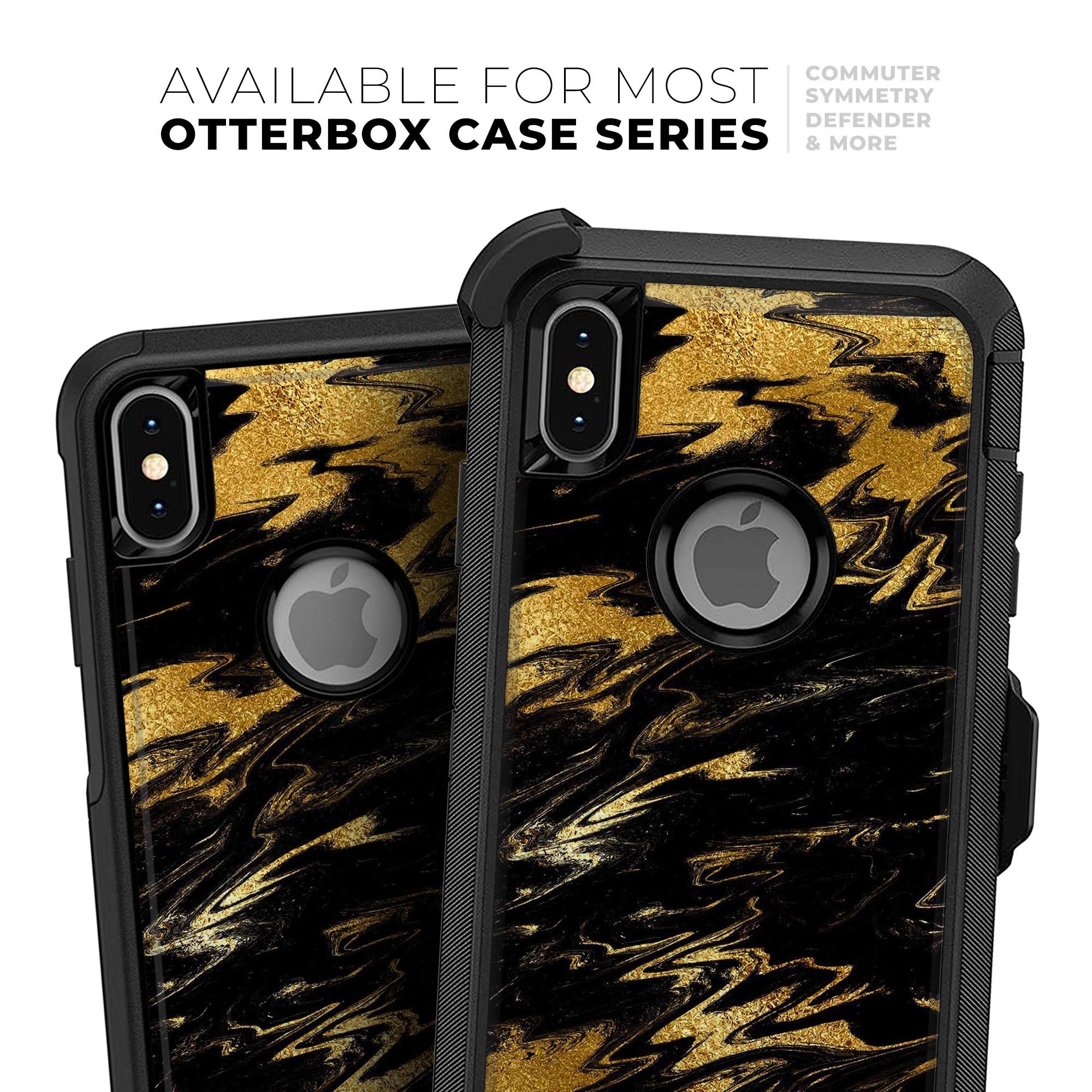 Black and gold marble swirl skin kit for iPhone OtterBox cases, showcasing a stylish design with premium finish.