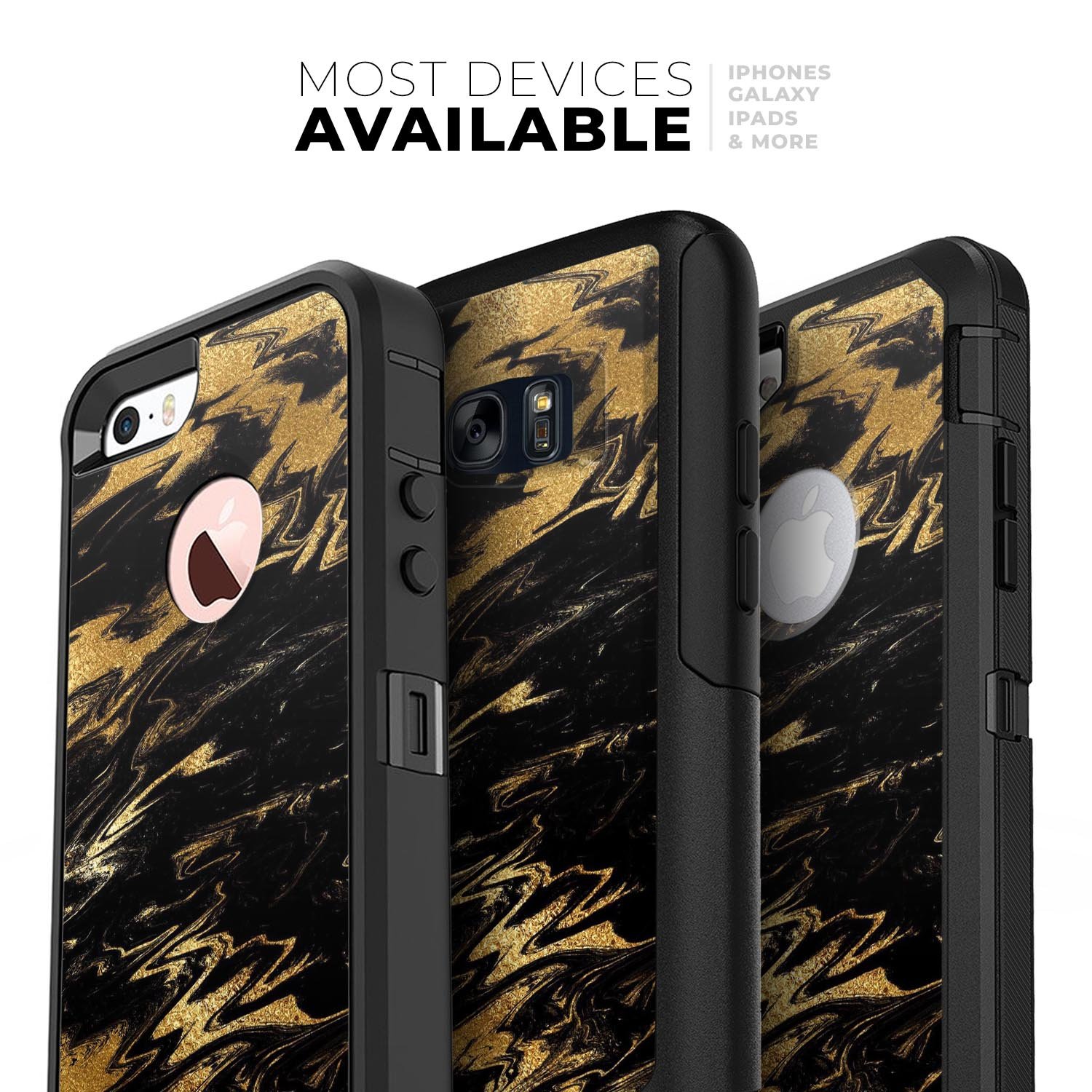 Black and gold marble swirl skin kit for iPhone OtterBox cases, showcasing a stylish design with premium finish.