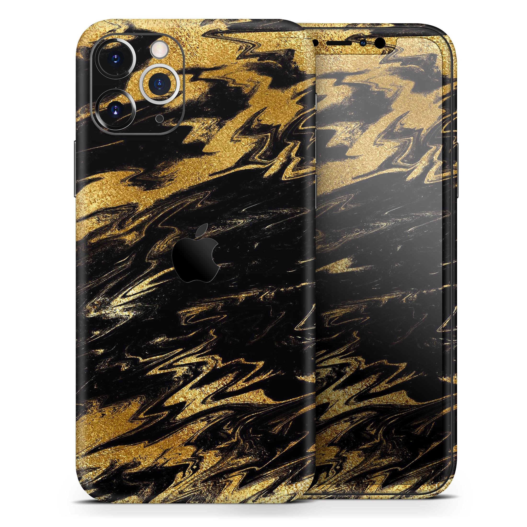 Black and gold marble swirl skin for Apple iPhone, showcasing a stylish design that enhances device appearance.